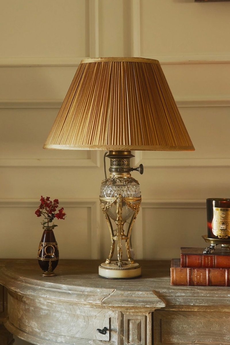 19th-Century Glass & Bronze Table Lamp with Gold Silk Shade