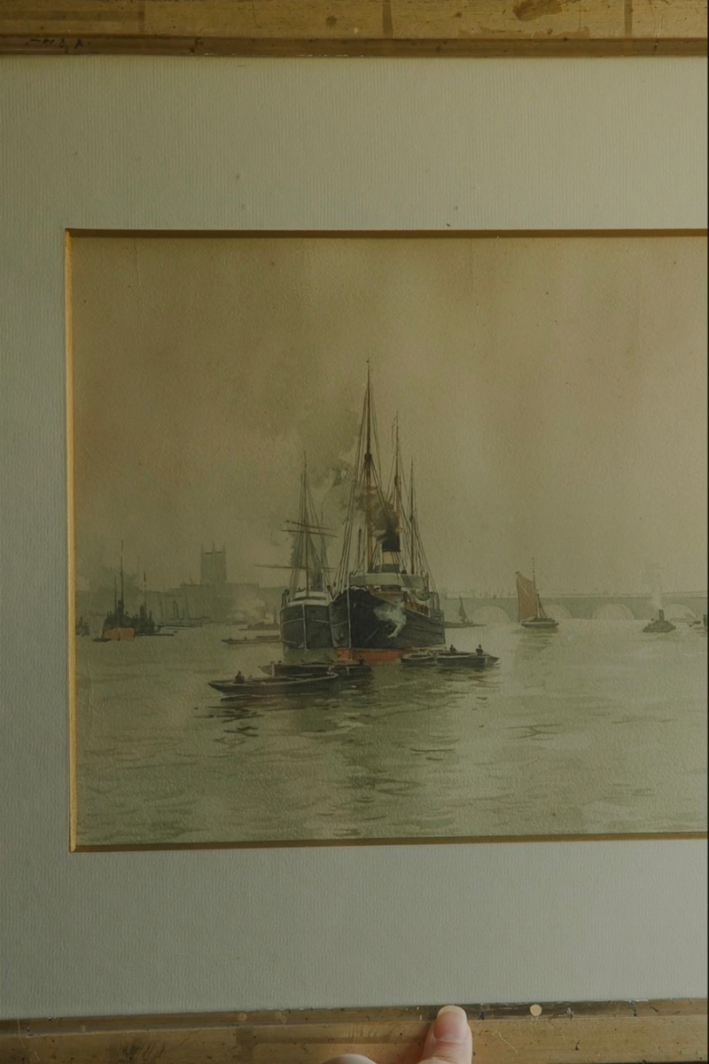 Late 19th C. European Watercolor of Harbor on the River Thames - C. 1890