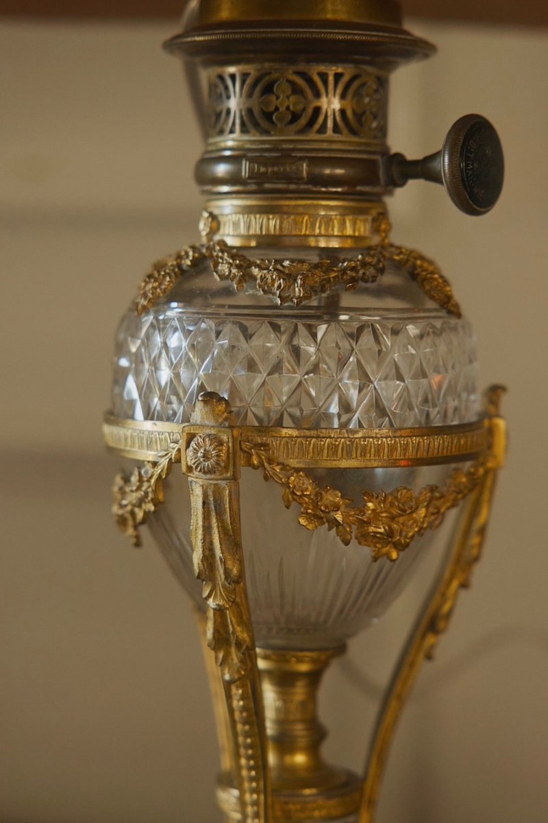19th-Century Glass & Bronze Table Lamp with Gold Silk Shade