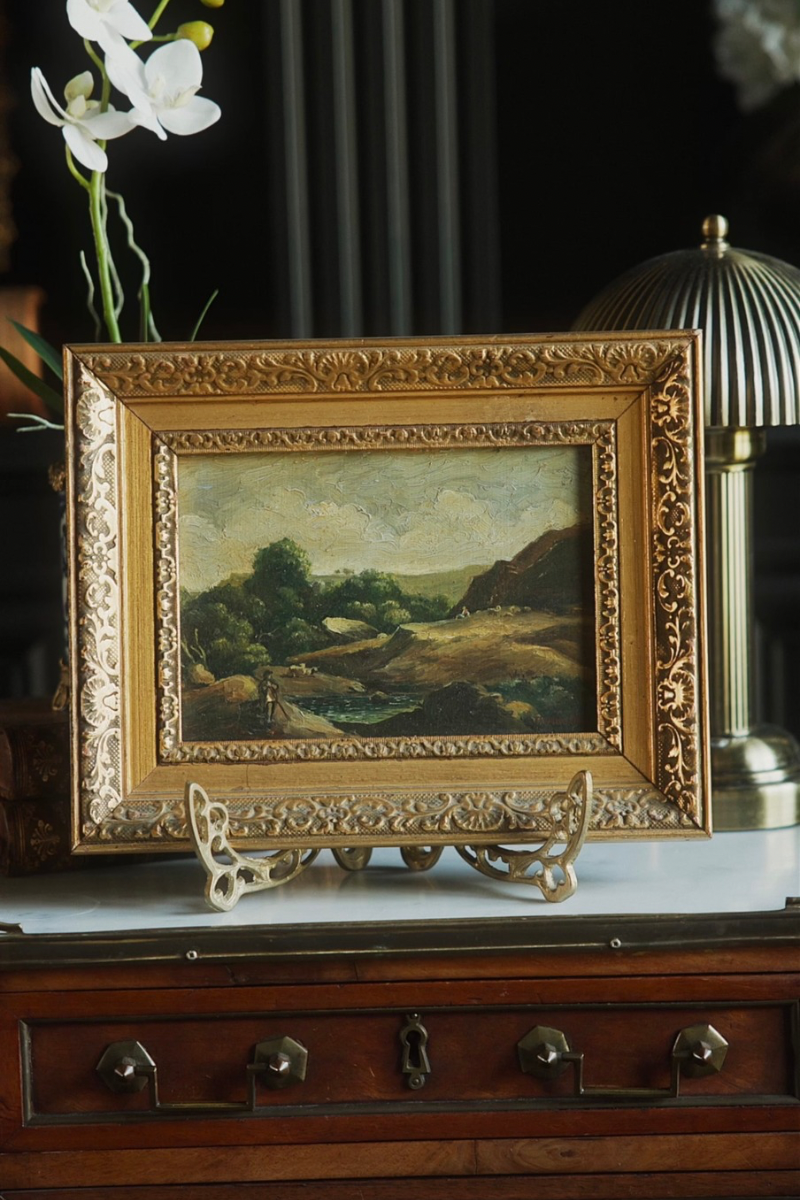 European School Landscape with Figure by a Stream, oil on panel, signed. 
Late 19th century.
