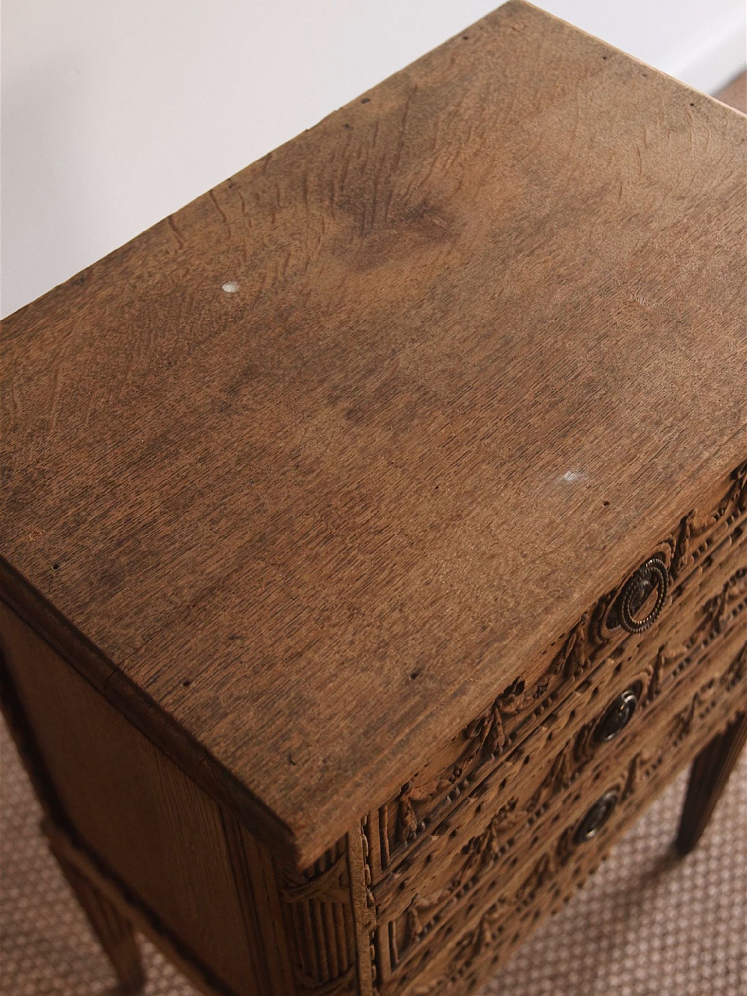 French Neoclassical Carved Oak Petite Commode