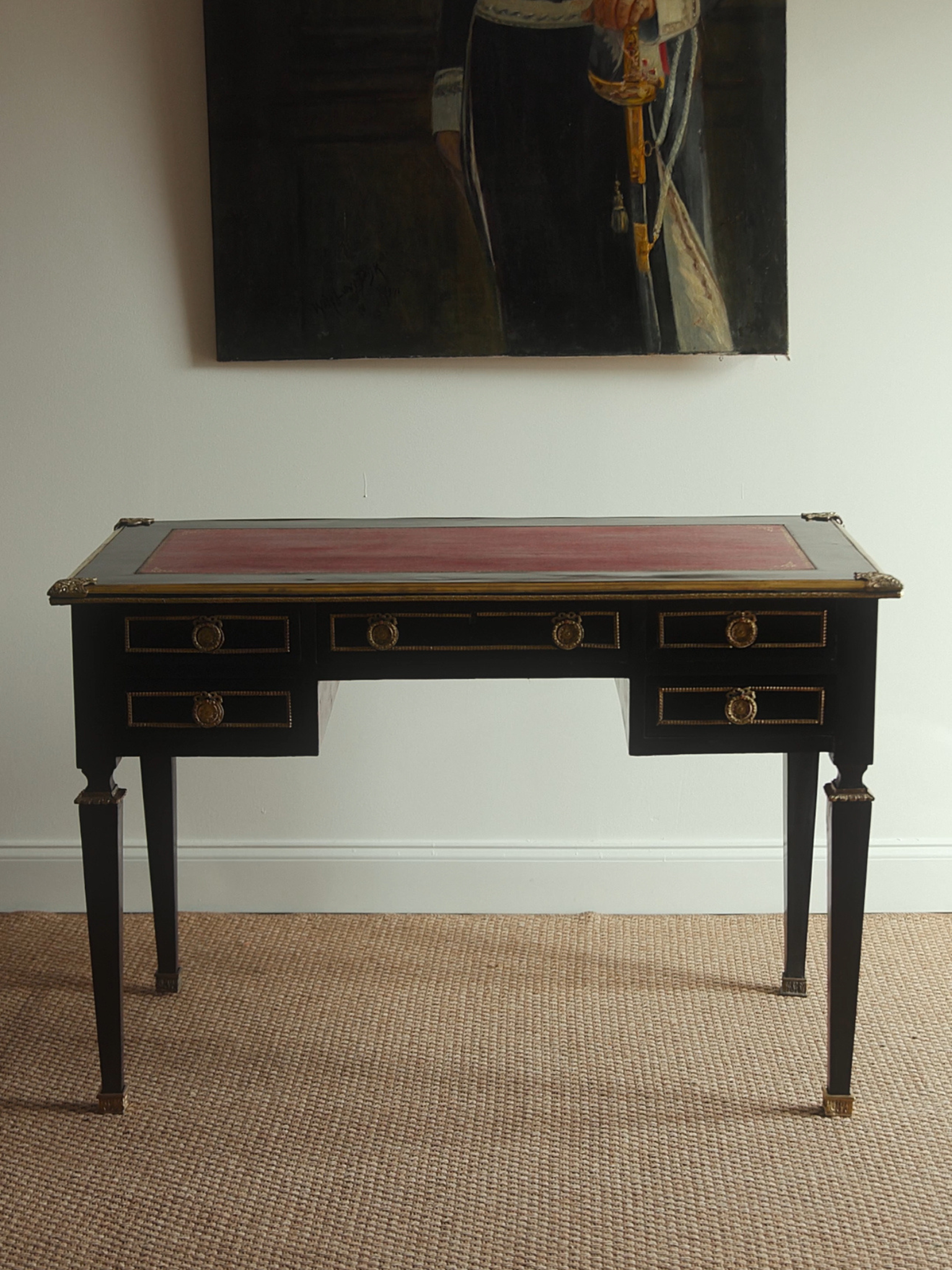 French Empire Revival Ebonized Bureau Plat with Gilt Bronze Mounts & Red Tooled Leather Top