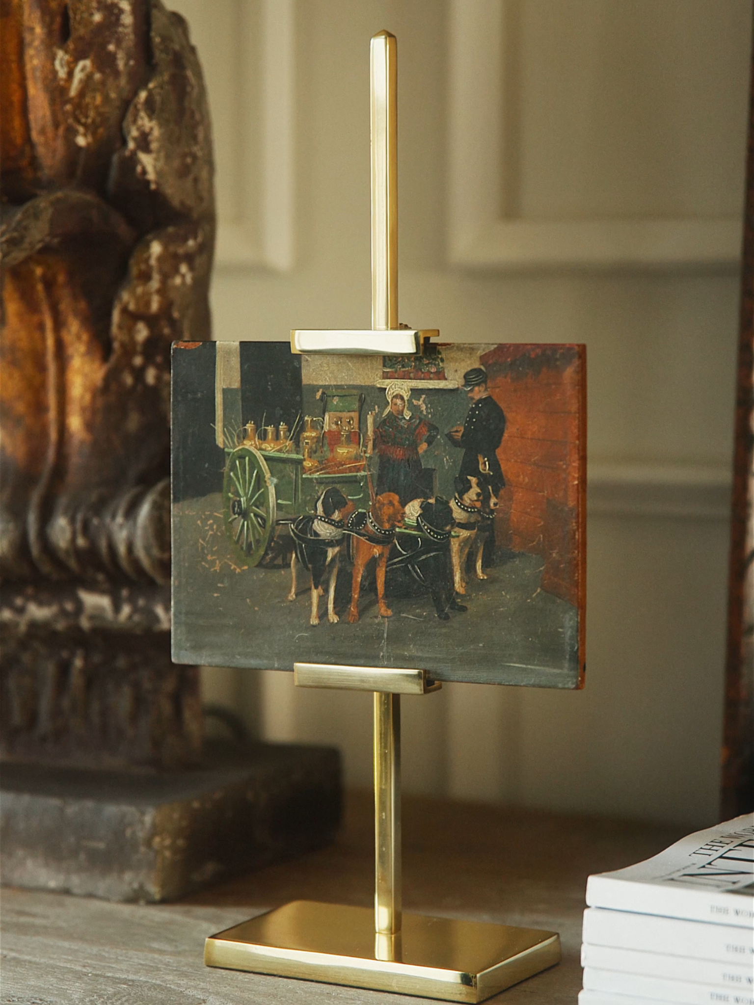 Antique Oil on Wood – Street Vendor with Dog Cart
