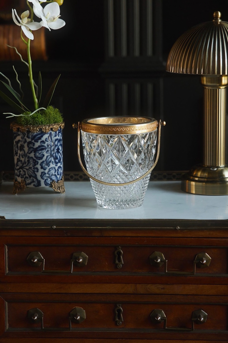 20th C. French Crystal Ice Bucket with Brass Trim
