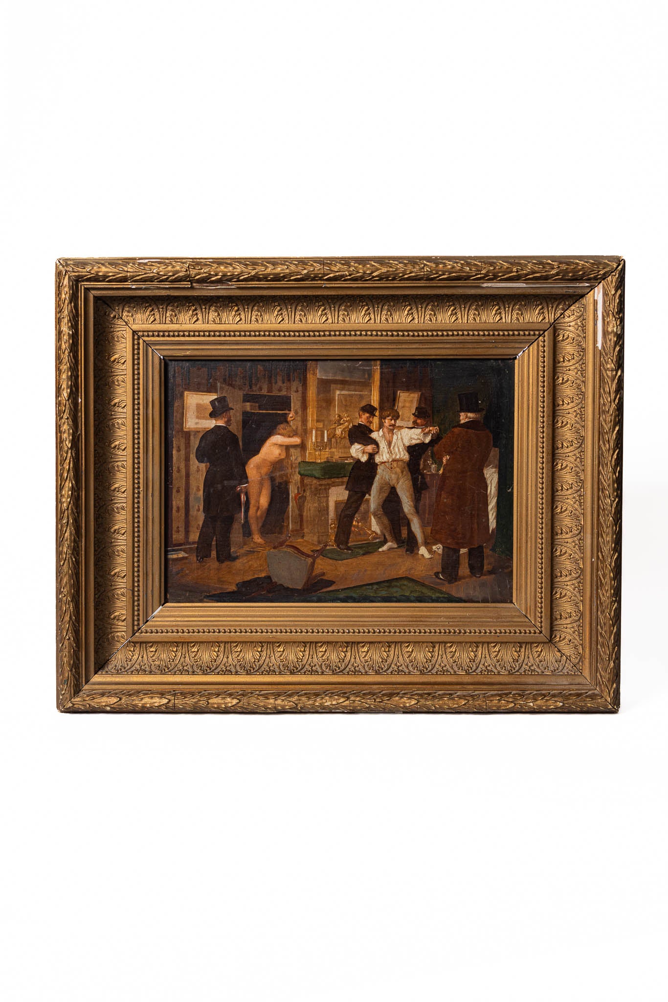 19th Century Scene Depicting a Tavern Brawl - Oil on Wood in Gilt Wood Frame