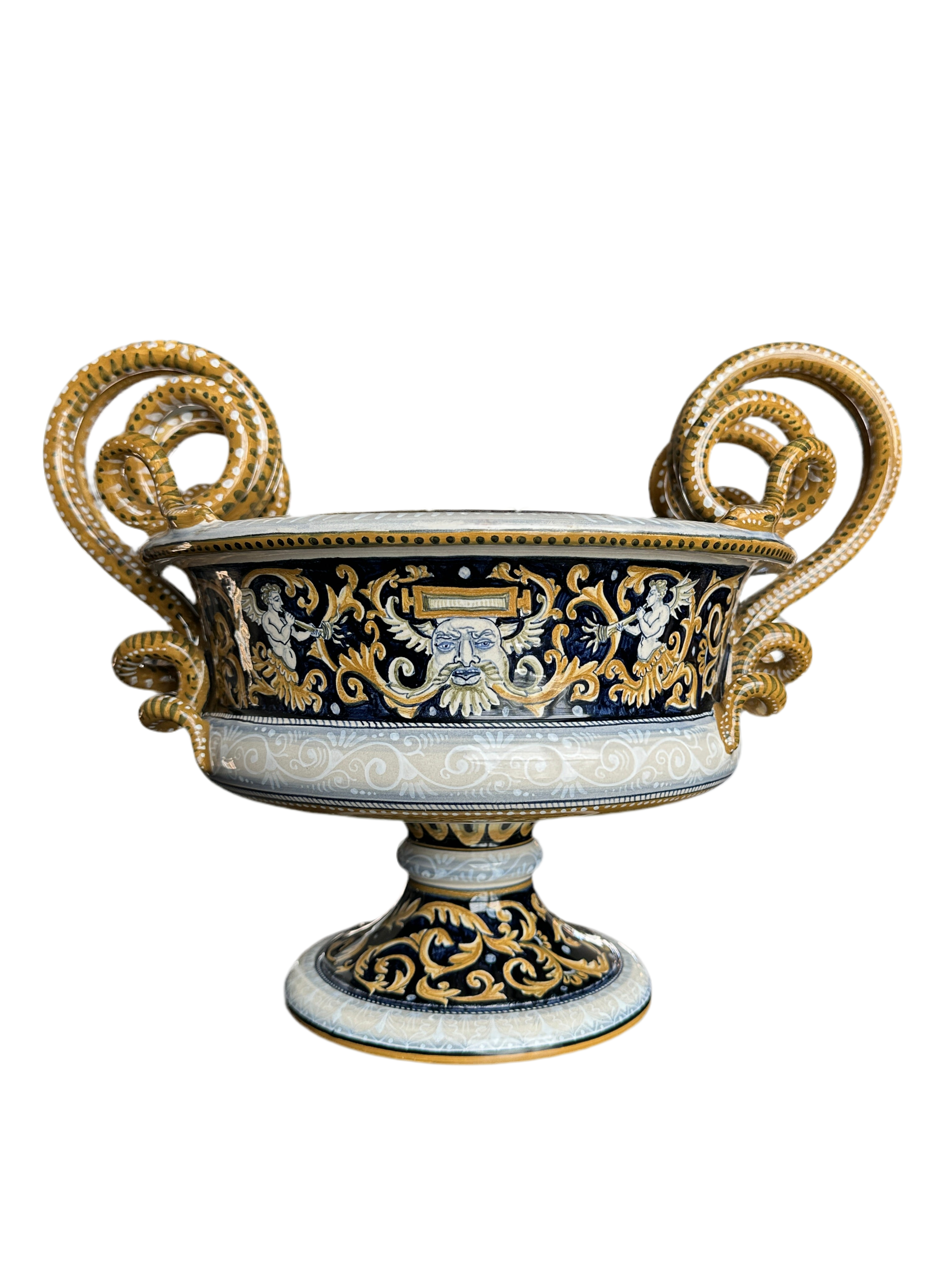 Hand Painted Blue Majolica Serpentine Handled Bowl - Deruta Italy - Signed Michela Cavallini