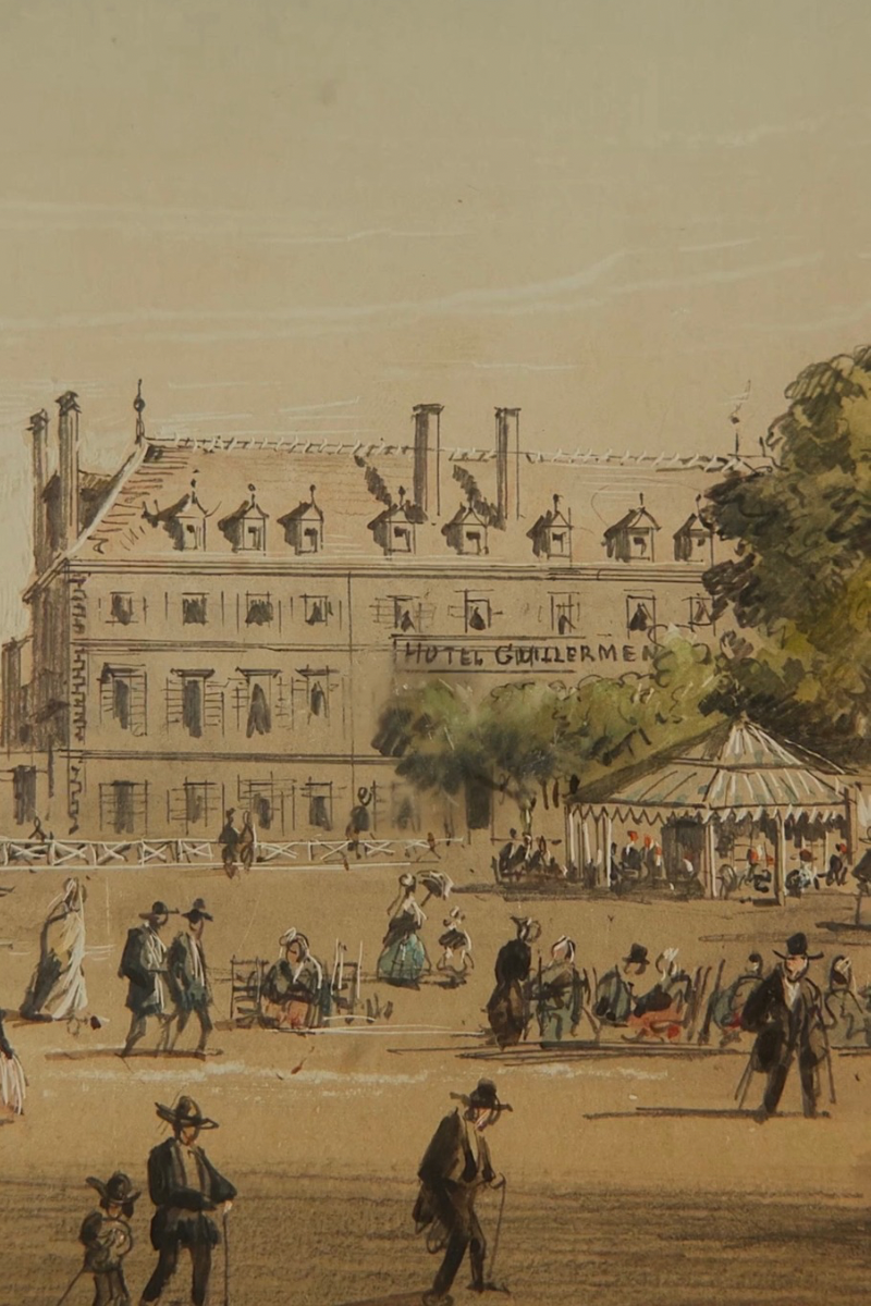“Vichy & Cusset, 1855” — Set of Three French Spa-Town Views Bearing the Signature of Louis Moullin, with Thermal Architecture, Garden Promenades & Period Figures, in Matching Gold-Finished Frames