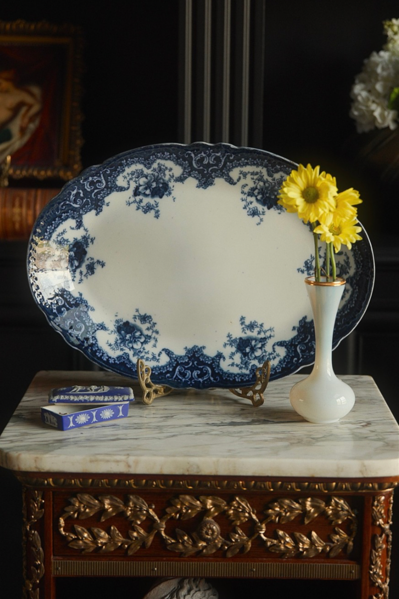 Late 19th Century English Transferware Serving Platter in Deep Cobalt Blue Floral Motif, Marked England