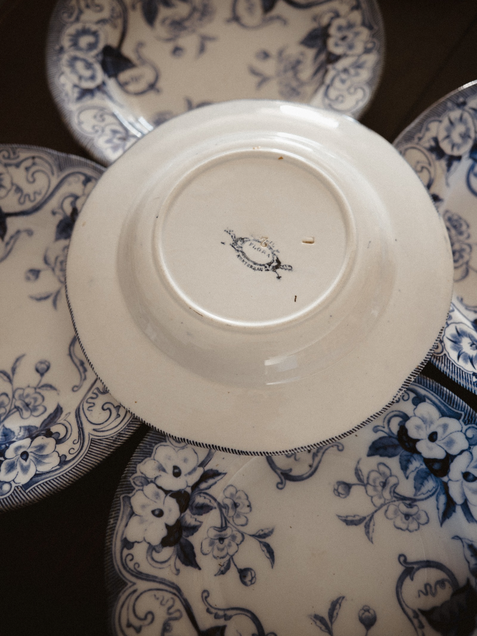 Set of 6 Petrus Regout “Flora” Blue & White Plates with Matching Compote