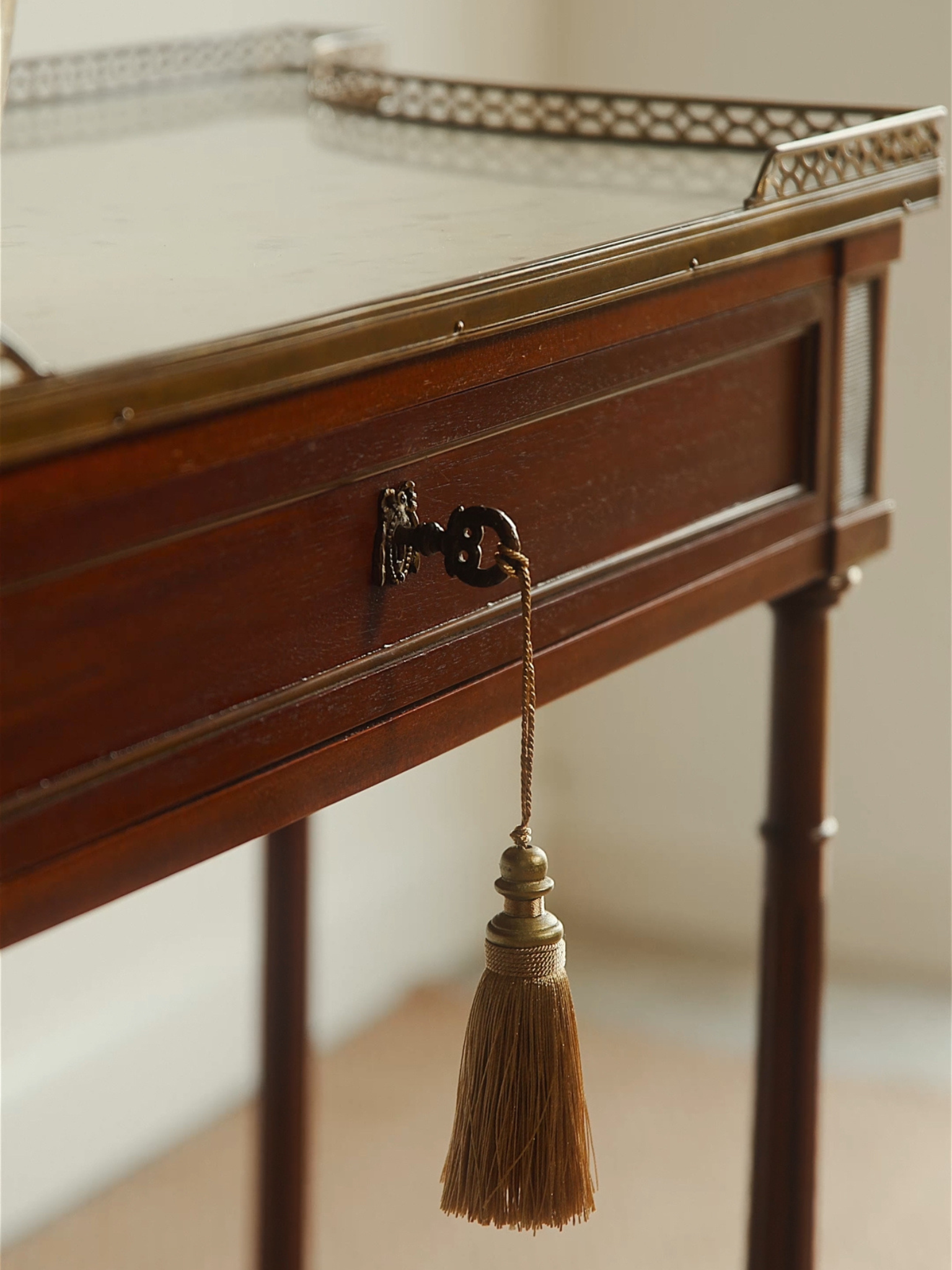French Mahogany Console Table with Brass Gallery Edge