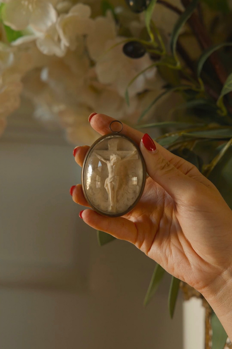 19th-Century Crucifixion Devotional Relief under Convex Glass