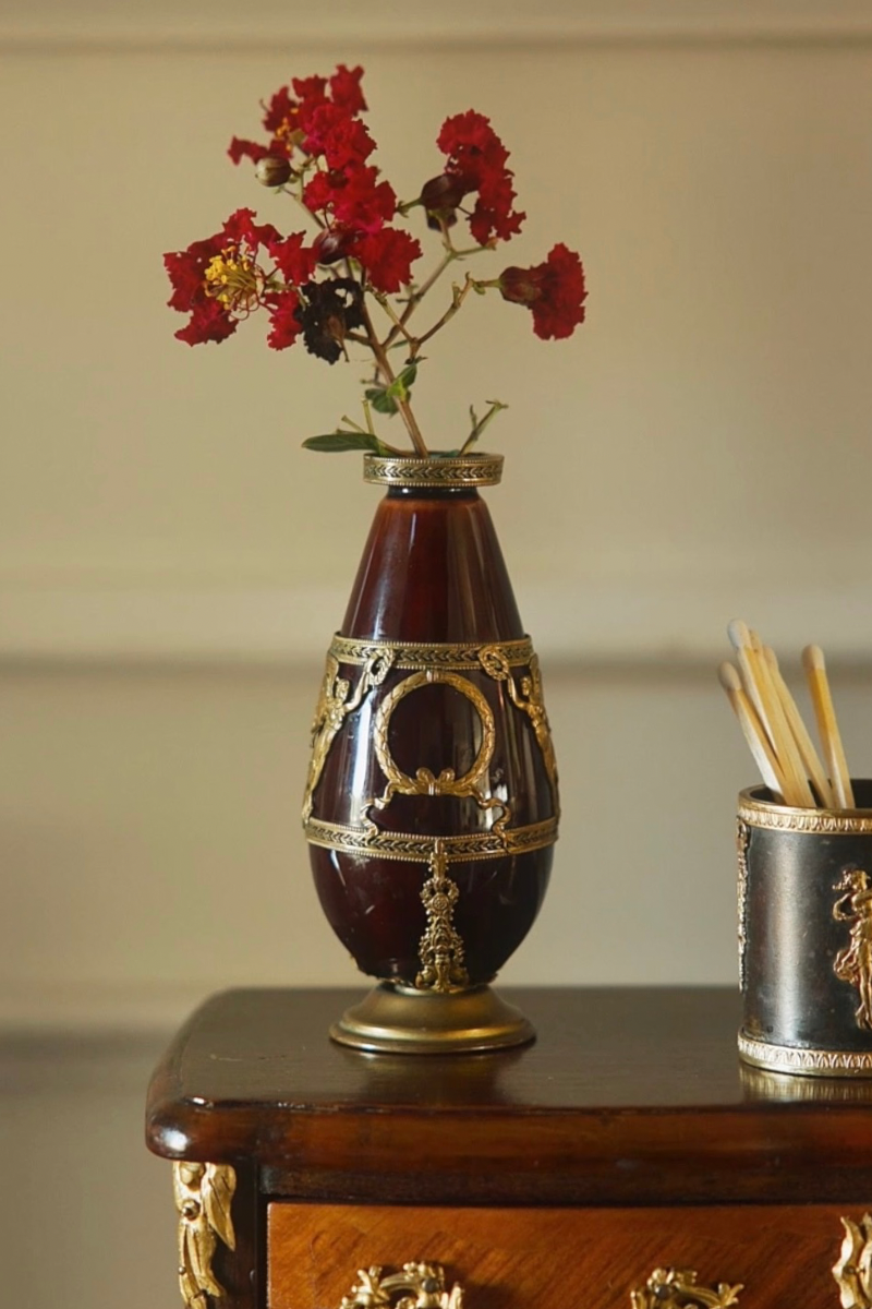19th-Century Burgundy Glass Bud Vase with Winged Victory Mounts