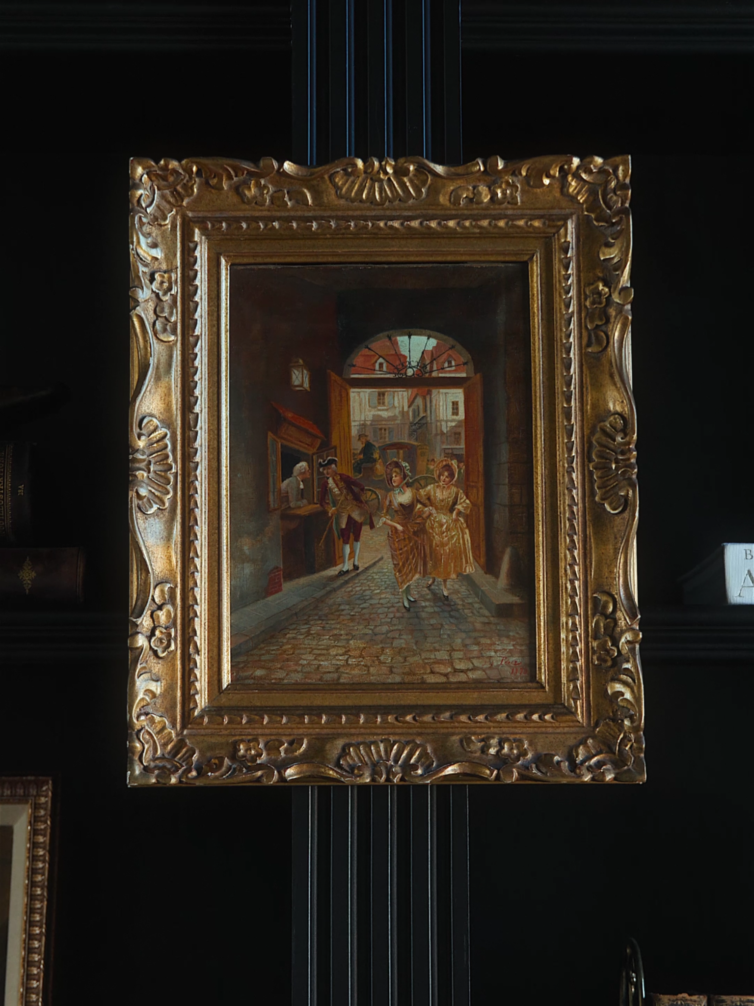 19th-Century European Street Scene Oil Painting in Ornate Gilt Frame
