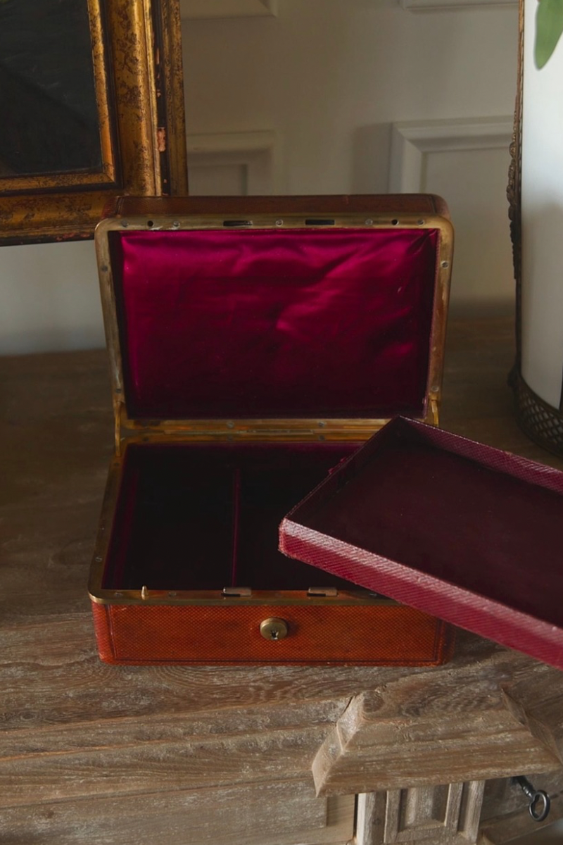 French Leather Jewelry Box with Silk-Lined Interior & Removable Tray