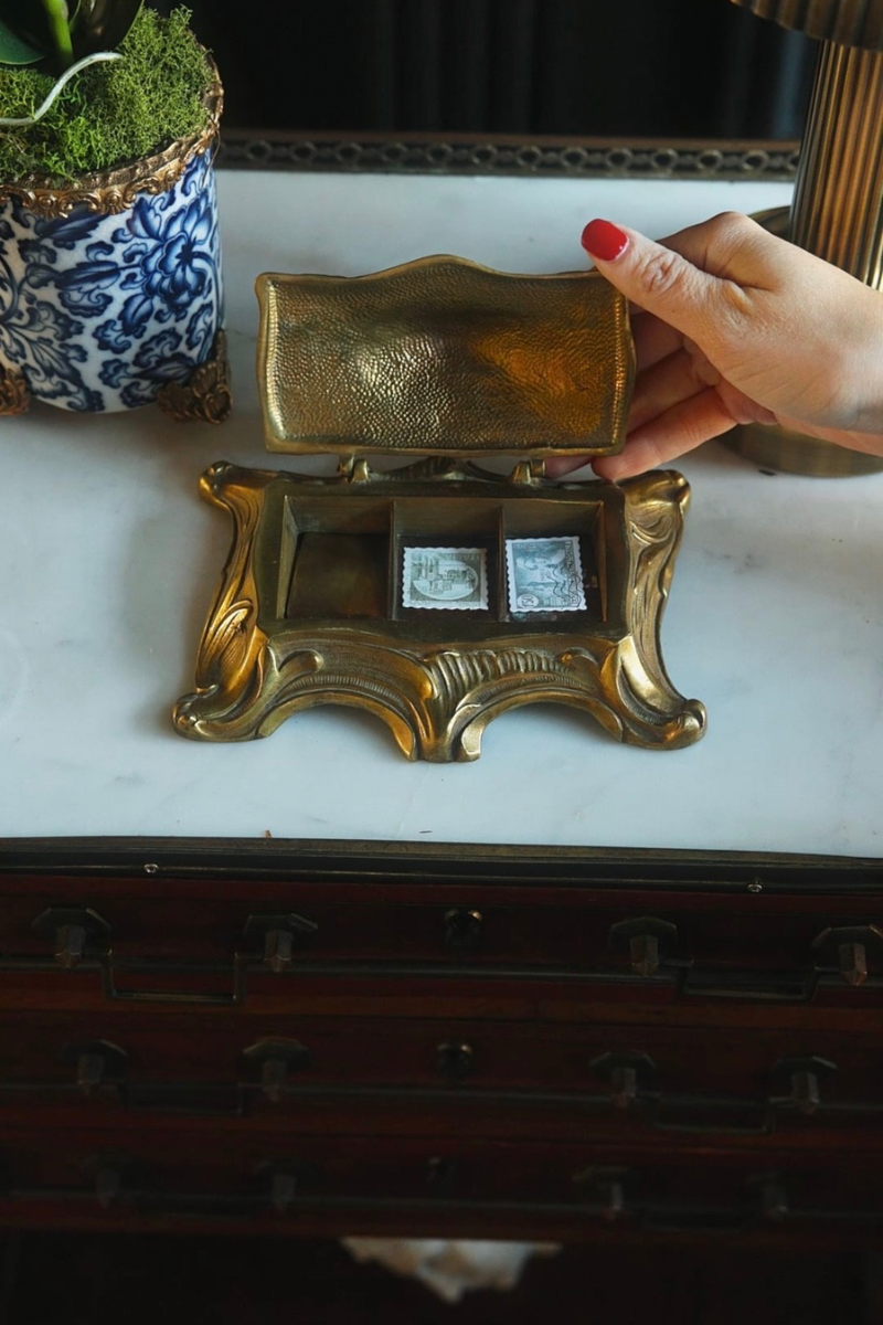 Brass Stamp Box with Rococo Scrollwork