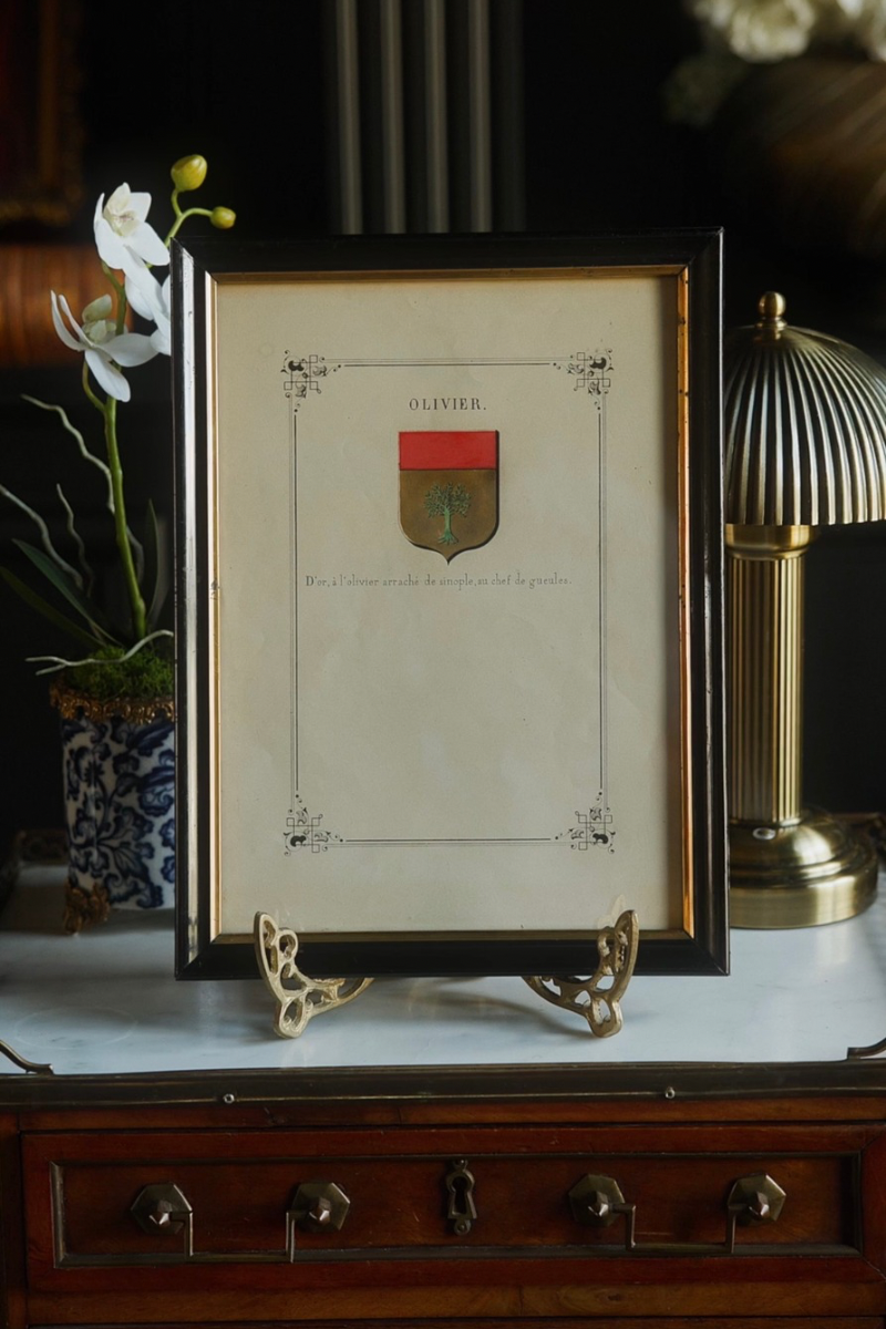 19th C. French Hand - Colored Heraldic Engraving - Armorial Study of the "Ottire" Family Crest