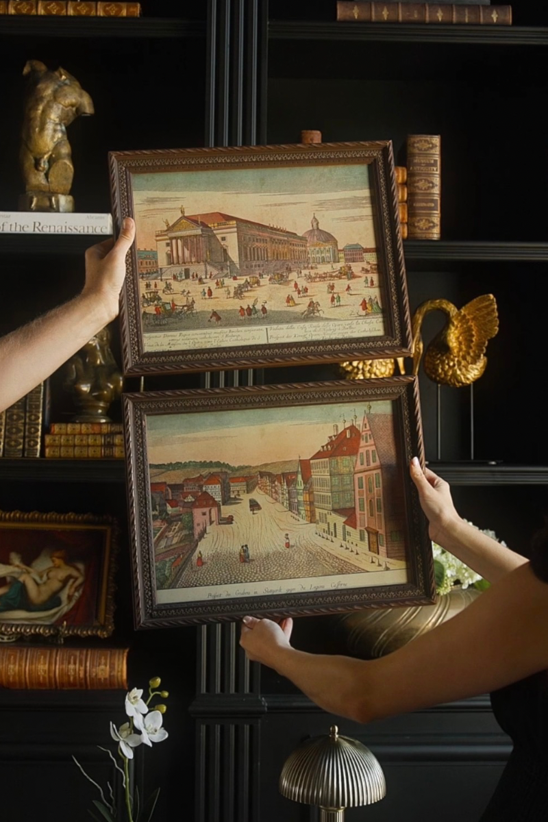 20th C. Set of Two Hand Colored European Architectural Engravings