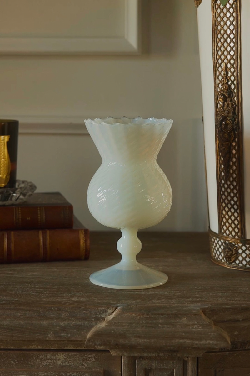Pale Opaline Glass Pedestal Vase with Spiral-Ribbed Body