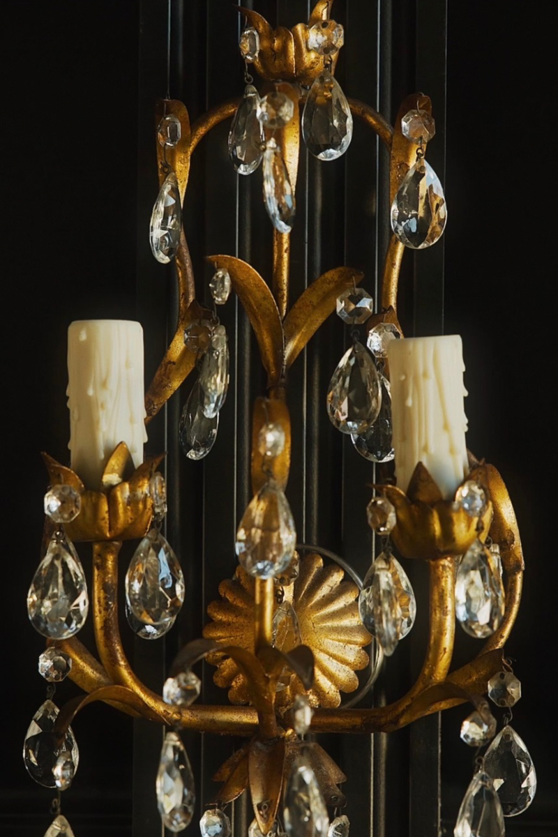 Pair of Florentine Style Gilt Tole & Crystal Two Light Wall Sconces with Floral Rosettes, Scrolling Leaf Arms & Cascading Tear Drop Crystal Prisms