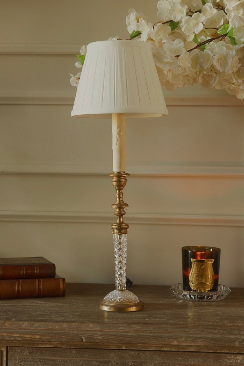 Faceted Crystal & Brass Candlestick Table Lamp with Pleated Shade