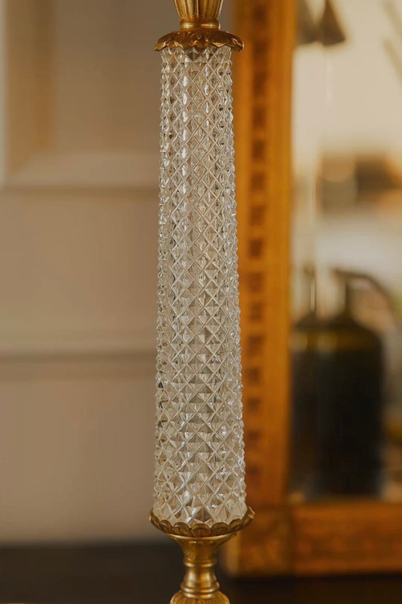French Crystal Column Table Lamp with Gilt Accents & Gold Pleated Silk Shade