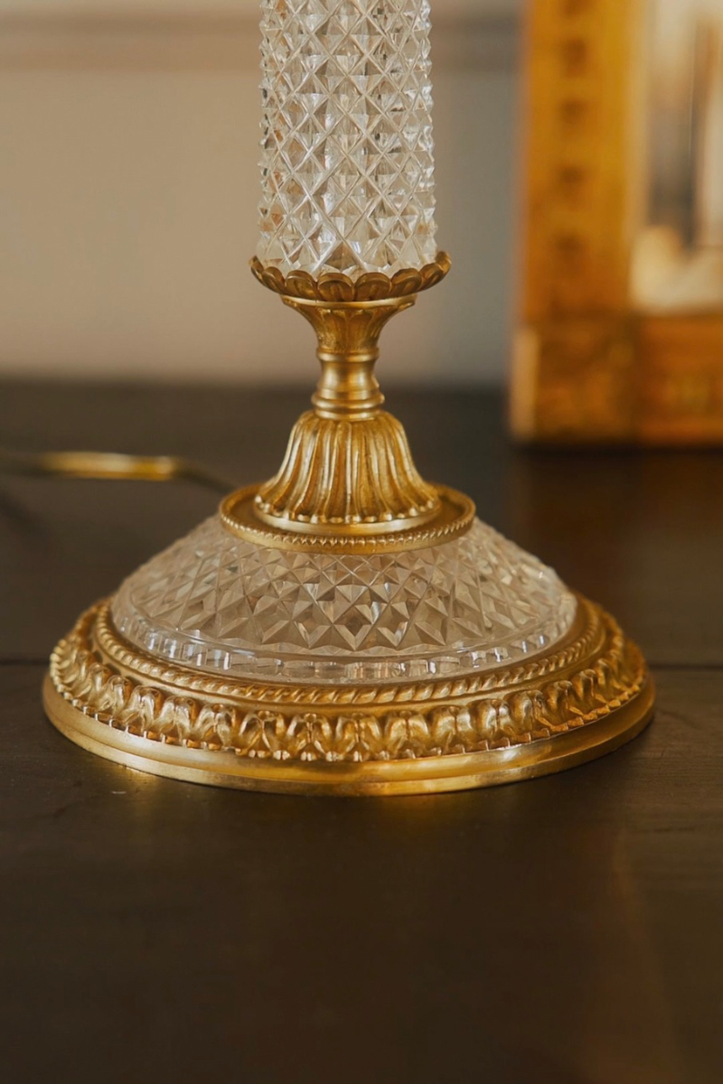 French Crystal Column Table Lamp with Gilt Accents & Gold Pleated Silk Shade