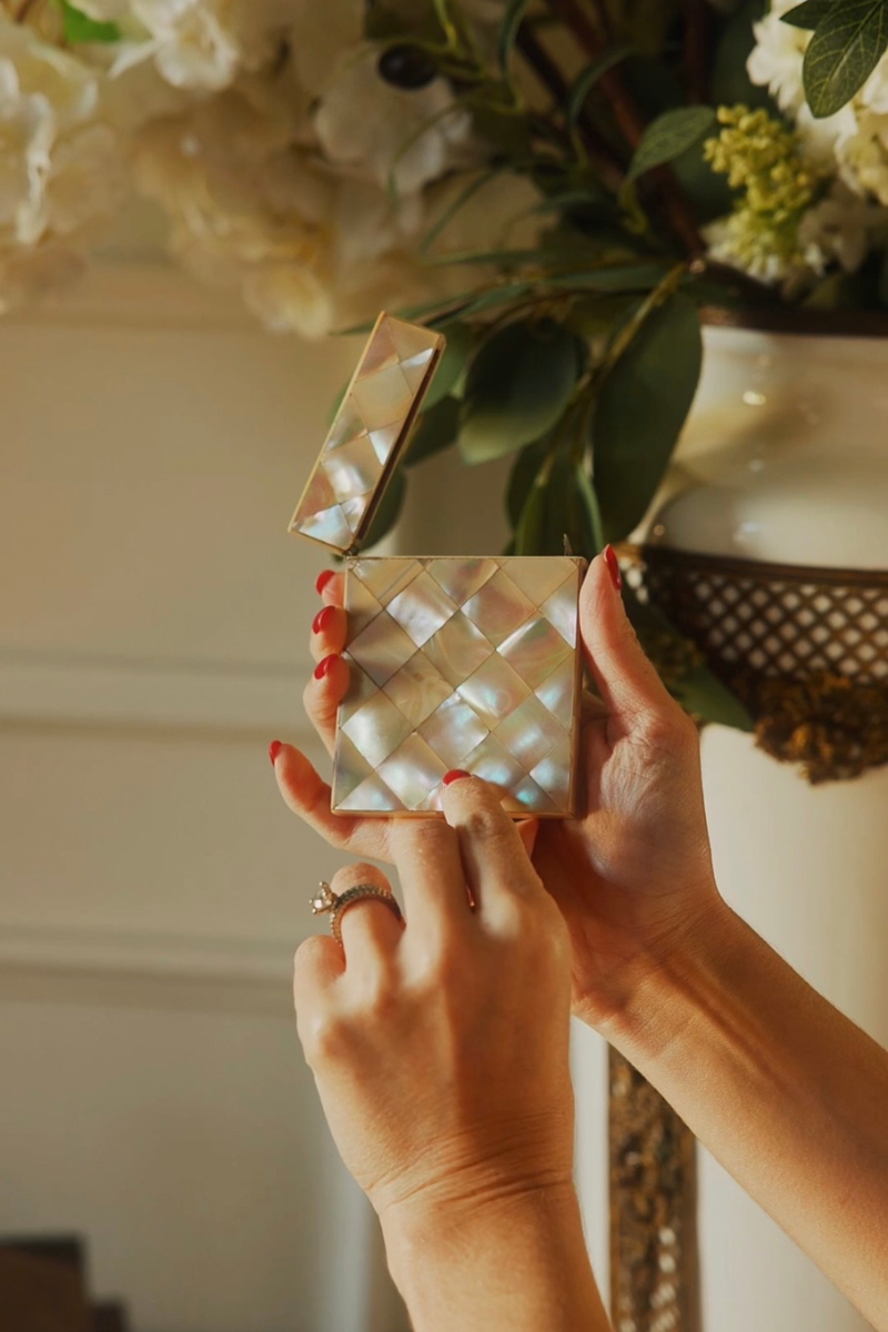 Mother-of-Pearl Calling Card Box with Diamond-Pattern Parquetry Inlay & Gold-Tone Metal Mounts