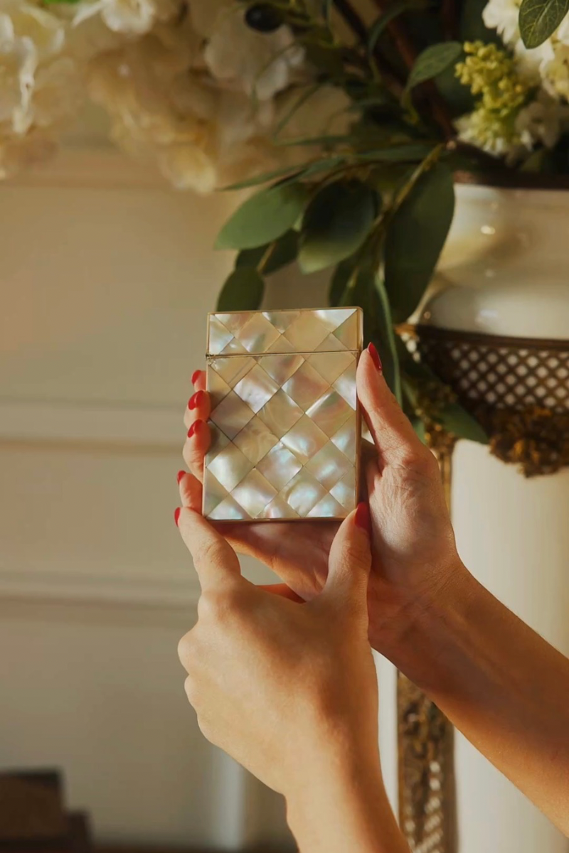 Mother-of-Pearl Calling Card Box with Diamond-Pattern Parquetry Inlay & Gold-Tone Metal Mounts