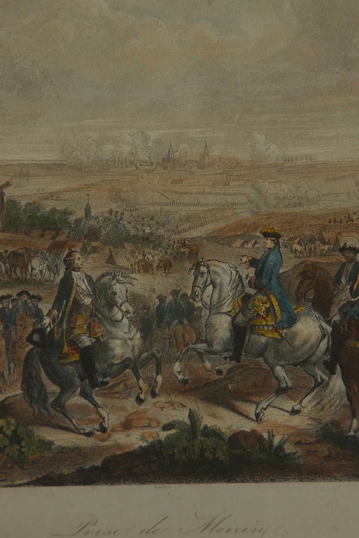 19th Century French Hand - Colored Military Engraving "Prise de Menin"