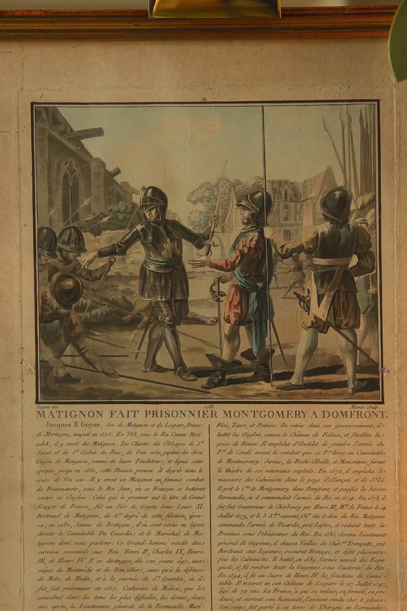 18th - Century French Hand Colored Historical Engraving "Matignon Fait Prisonnier Momtgomery a Domfront
