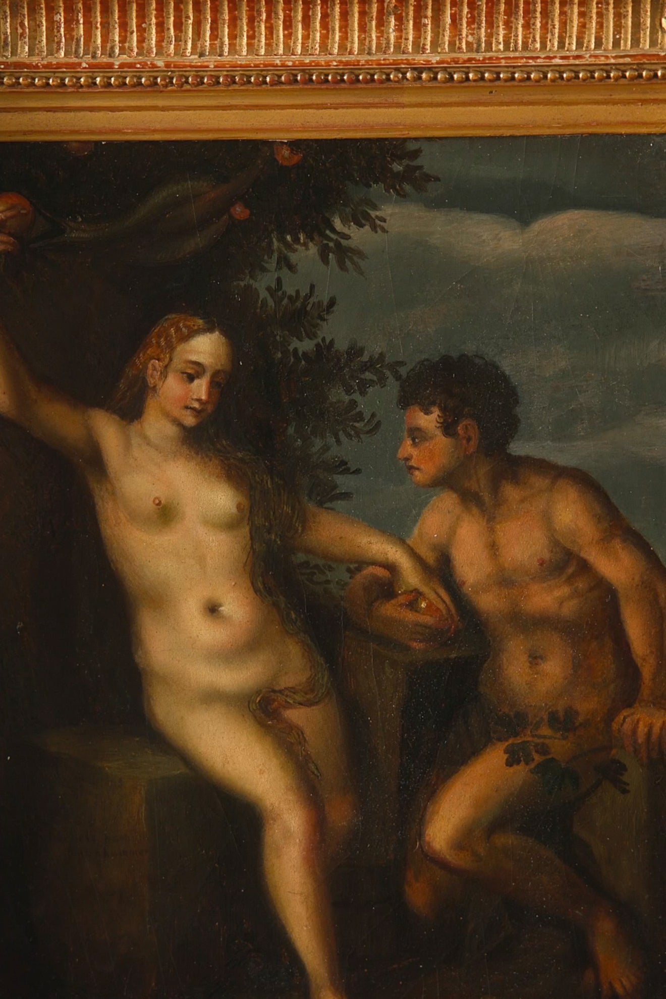 19th C. Continental School of Art Oil on Canvas Depicting Adam and Eve in the Garden of Eden