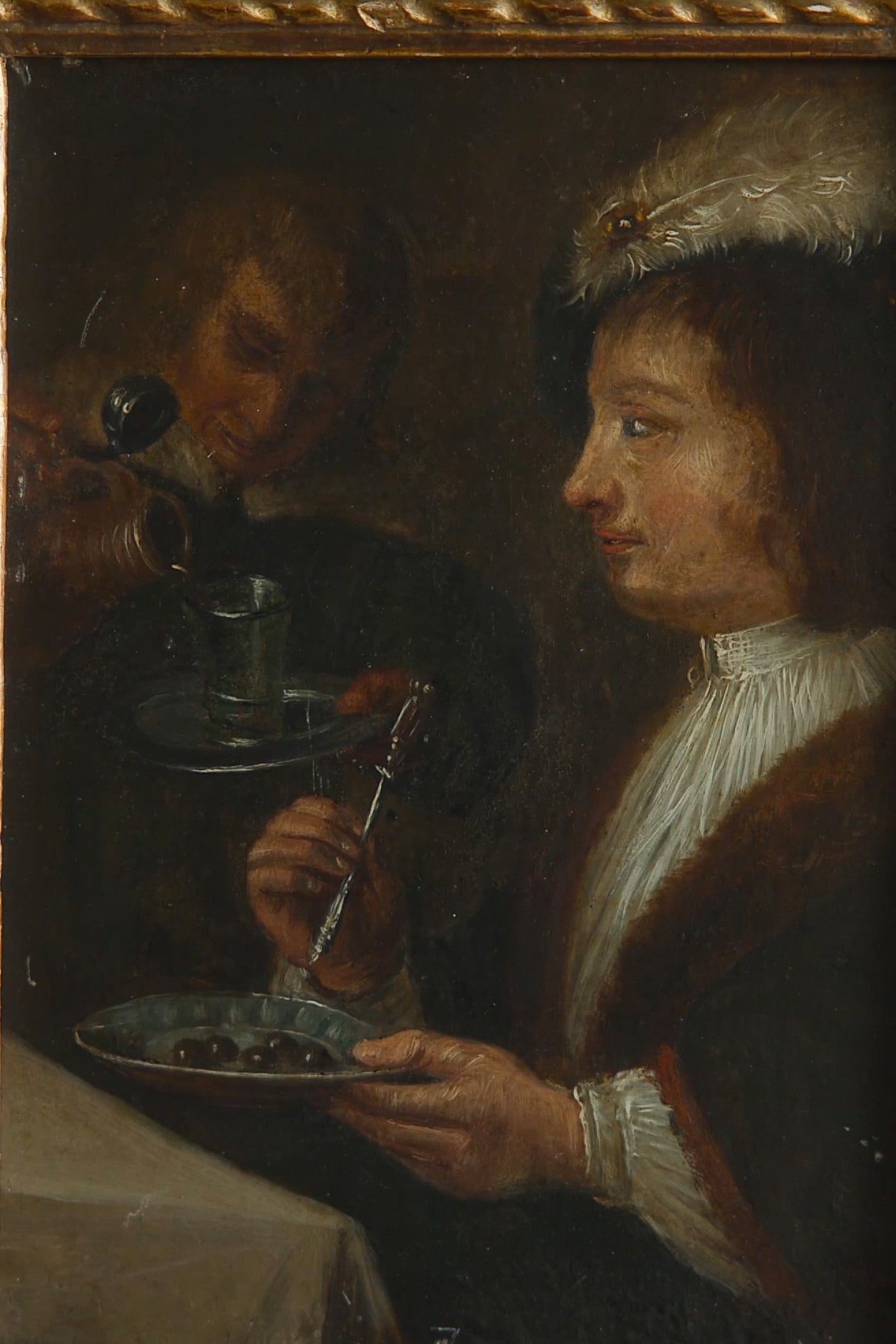 19th C. Continental Tavern Scene Oil Painting | Dutch School of Art Scene | Hand Carved Gilt Frame