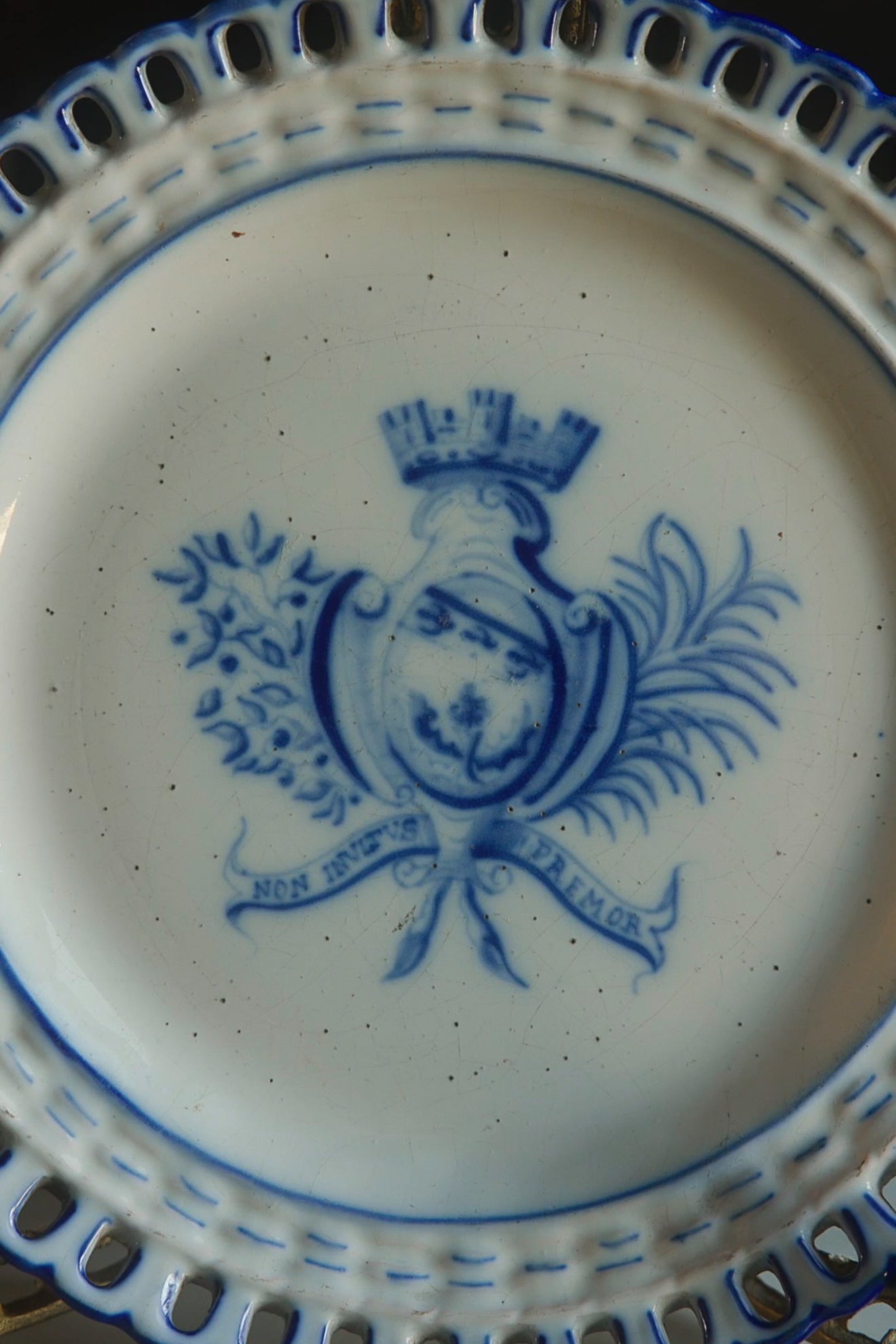 19th Century French Galle Nancy Faience Armorial Plate with Reticulated Border
