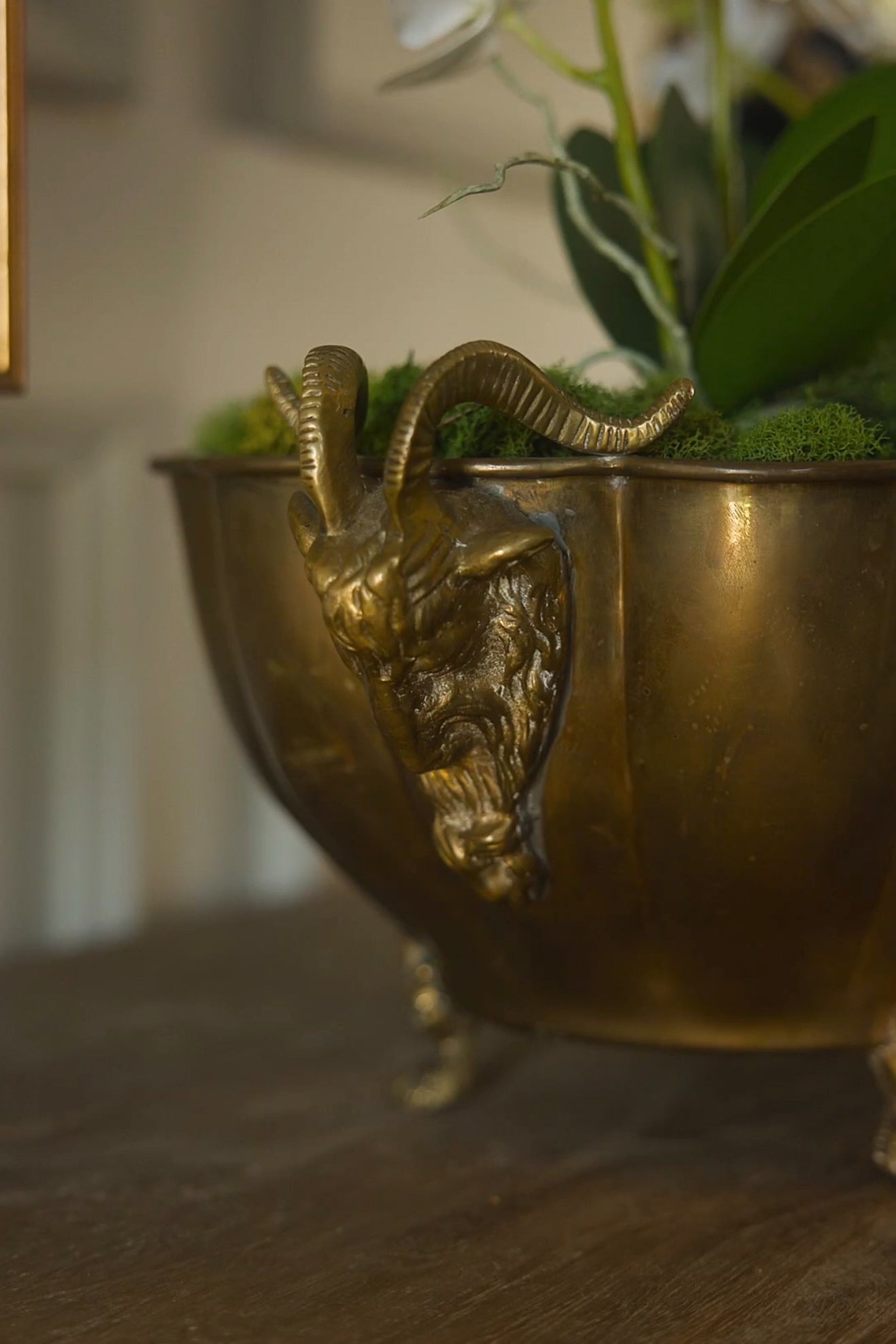 French Louis XVI Style Brass Jardiniere with Ram's Head Handles