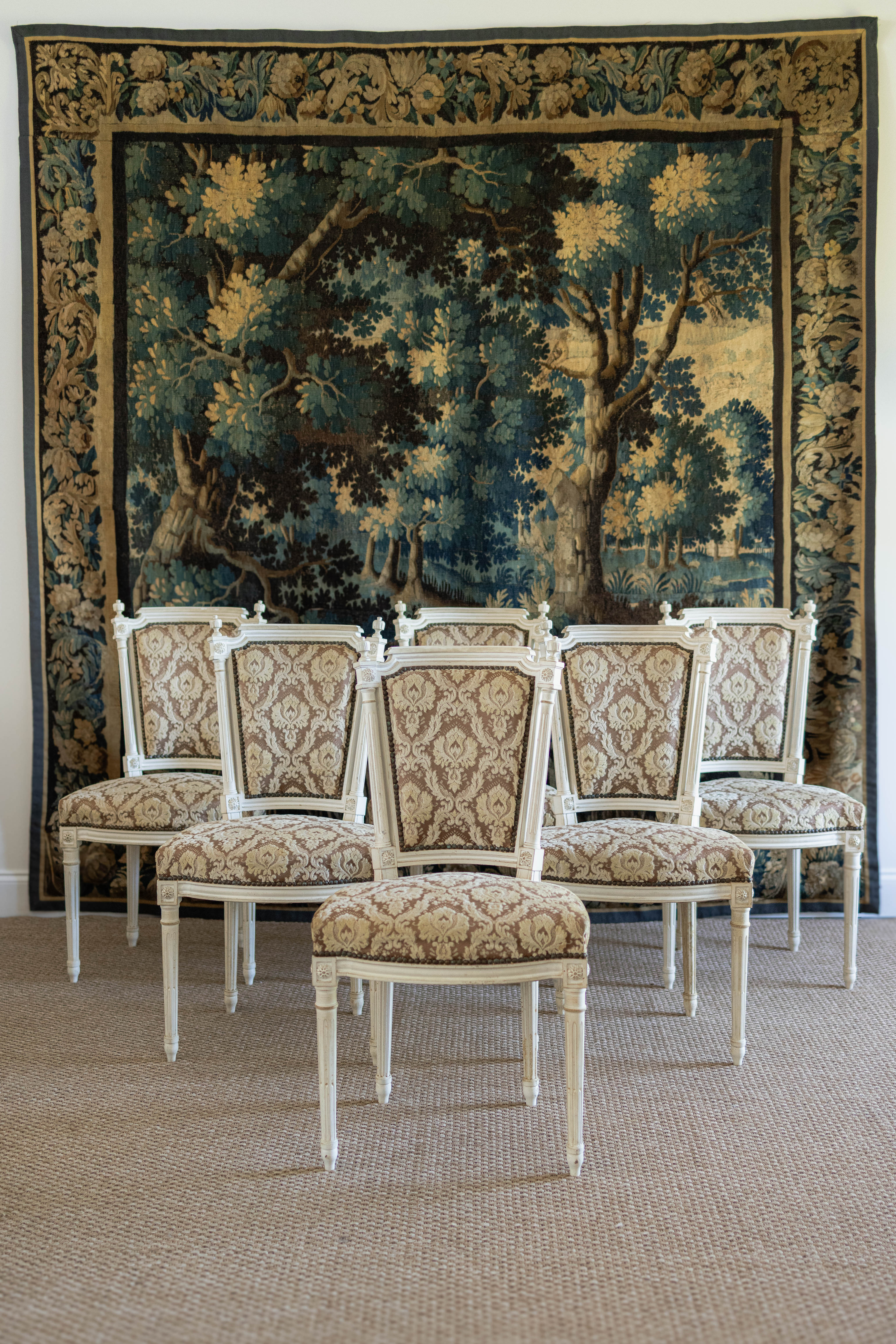 Set of Six Louis XVI-Style Painted Dining Chairs with Damask Upholstery