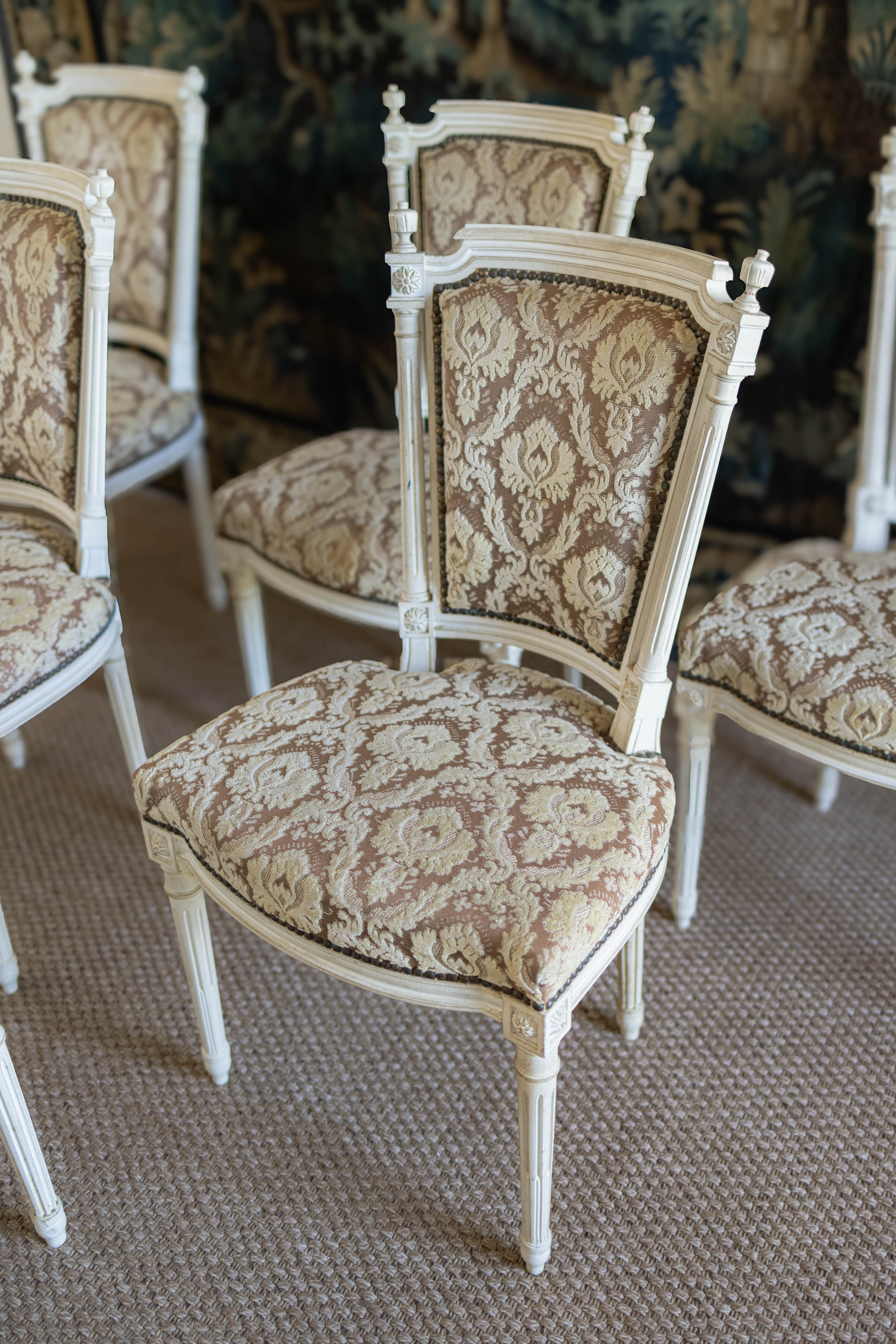 Set of Six Louis XVI-Style Painted Dining Chairs with Damask Upholstery