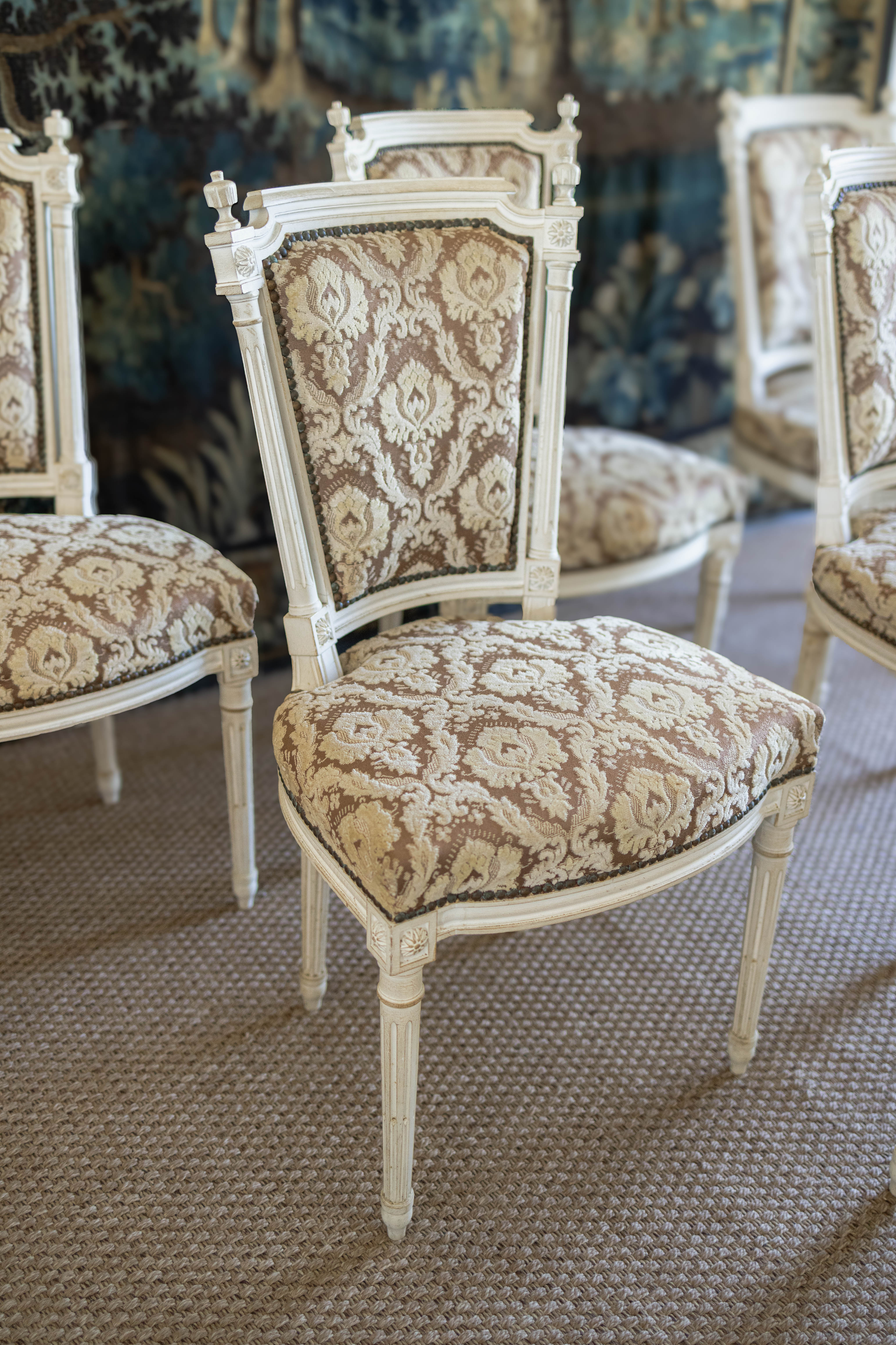 Set of Six Louis XVI-Style Painted Dining Chairs with Damask Upholstery
