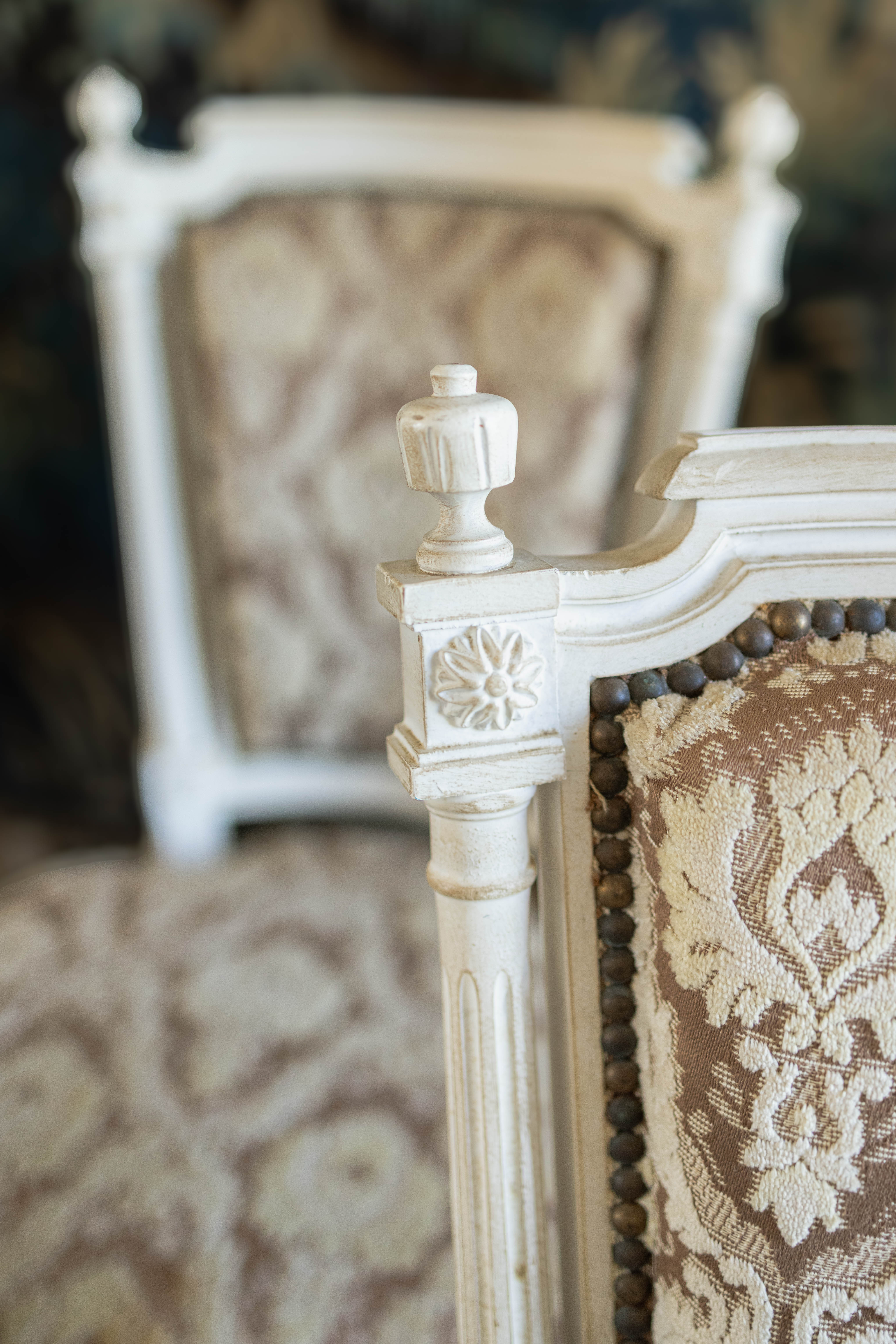 Set of Six Louis XVI-Style Painted Dining Chairs with Damask Upholstery