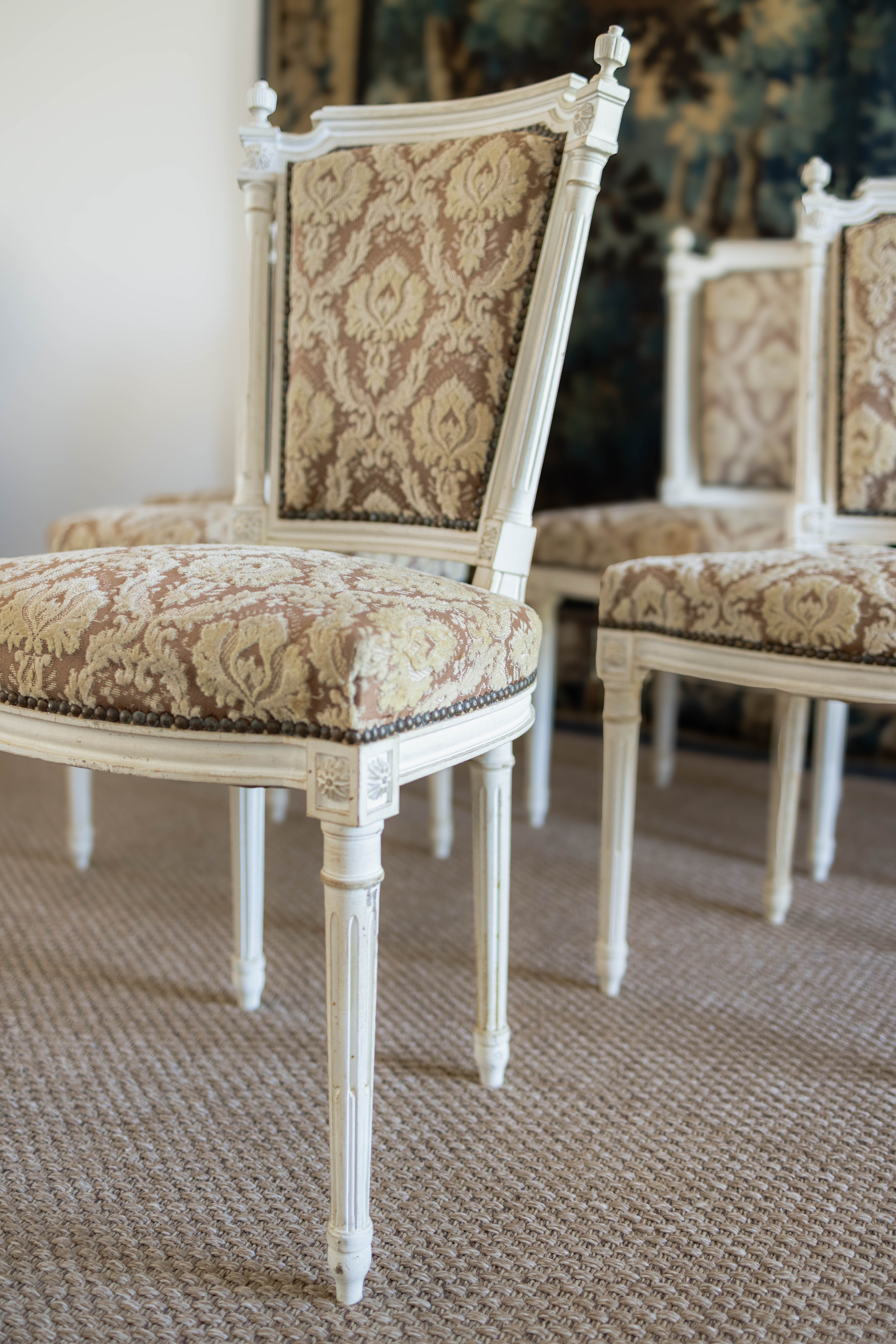 Set of Six Louis XVI-Style Painted Dining Chairs with Damask Upholstery