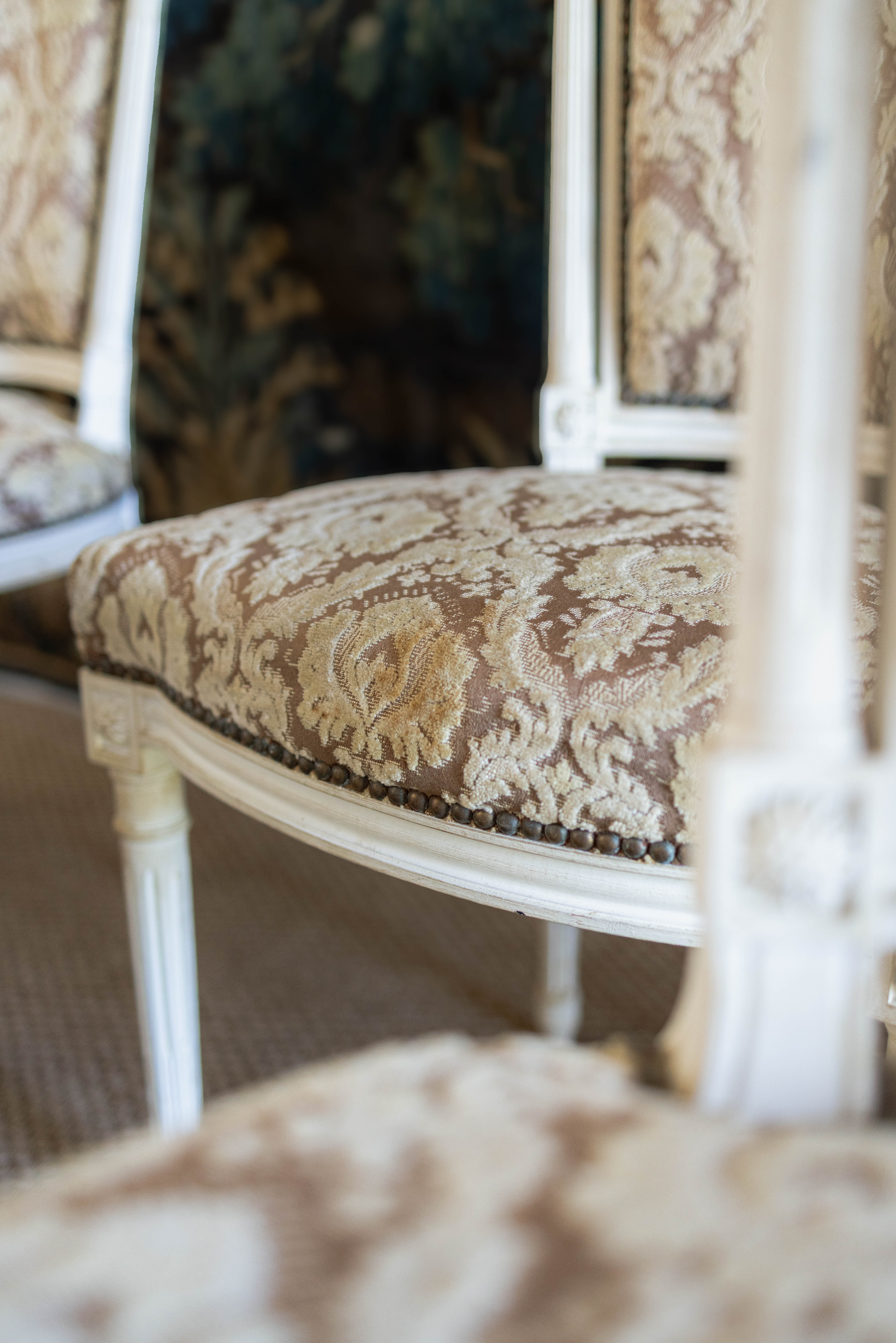 Set of Six Louis XVI-Style Painted Dining Chairs with Damask Upholstery