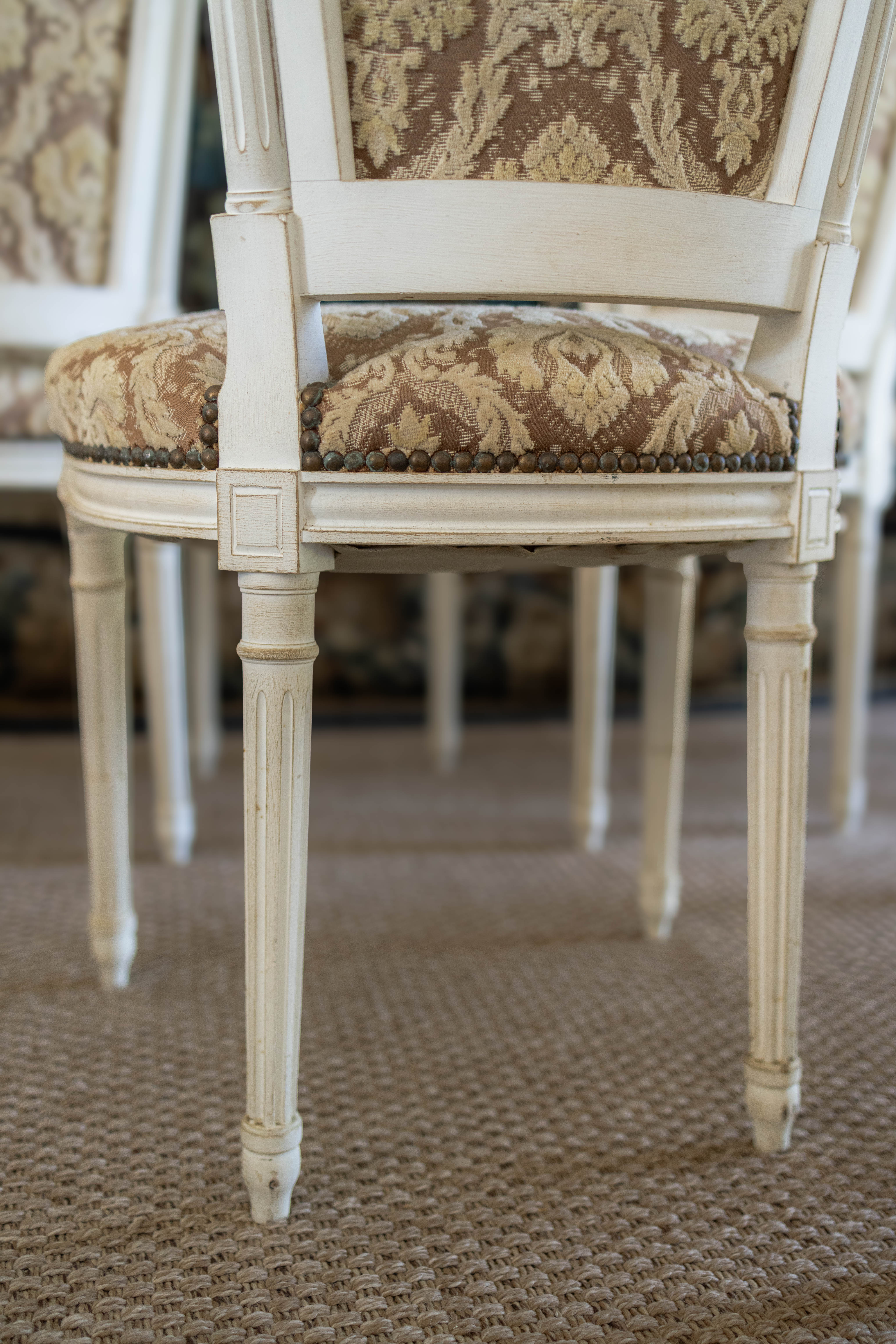 Set of Six Louis XVI-Style Painted Dining Chairs with Damask Upholstery