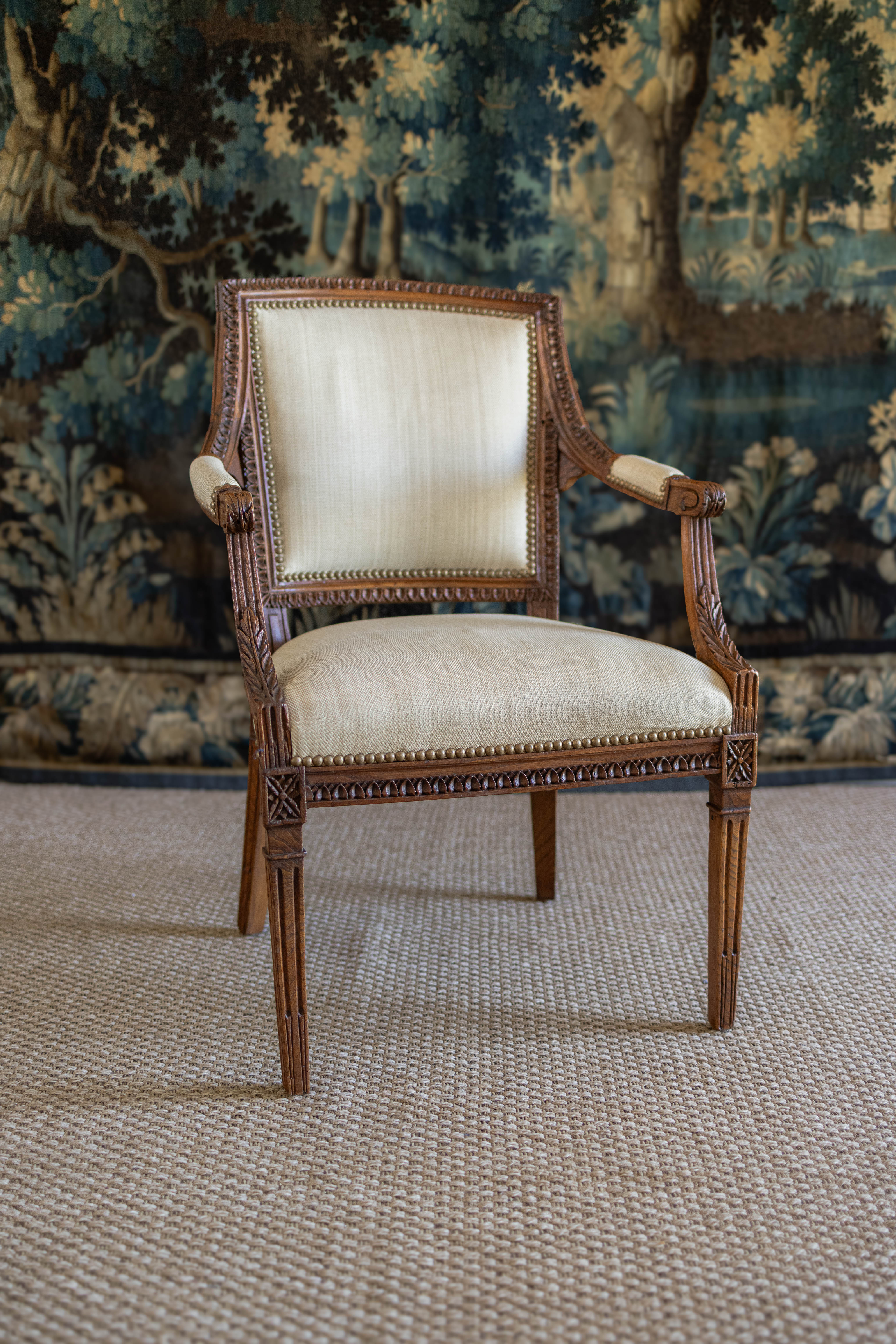 Antique French Louis XVI Carved Fauteuil with Fluted Legs