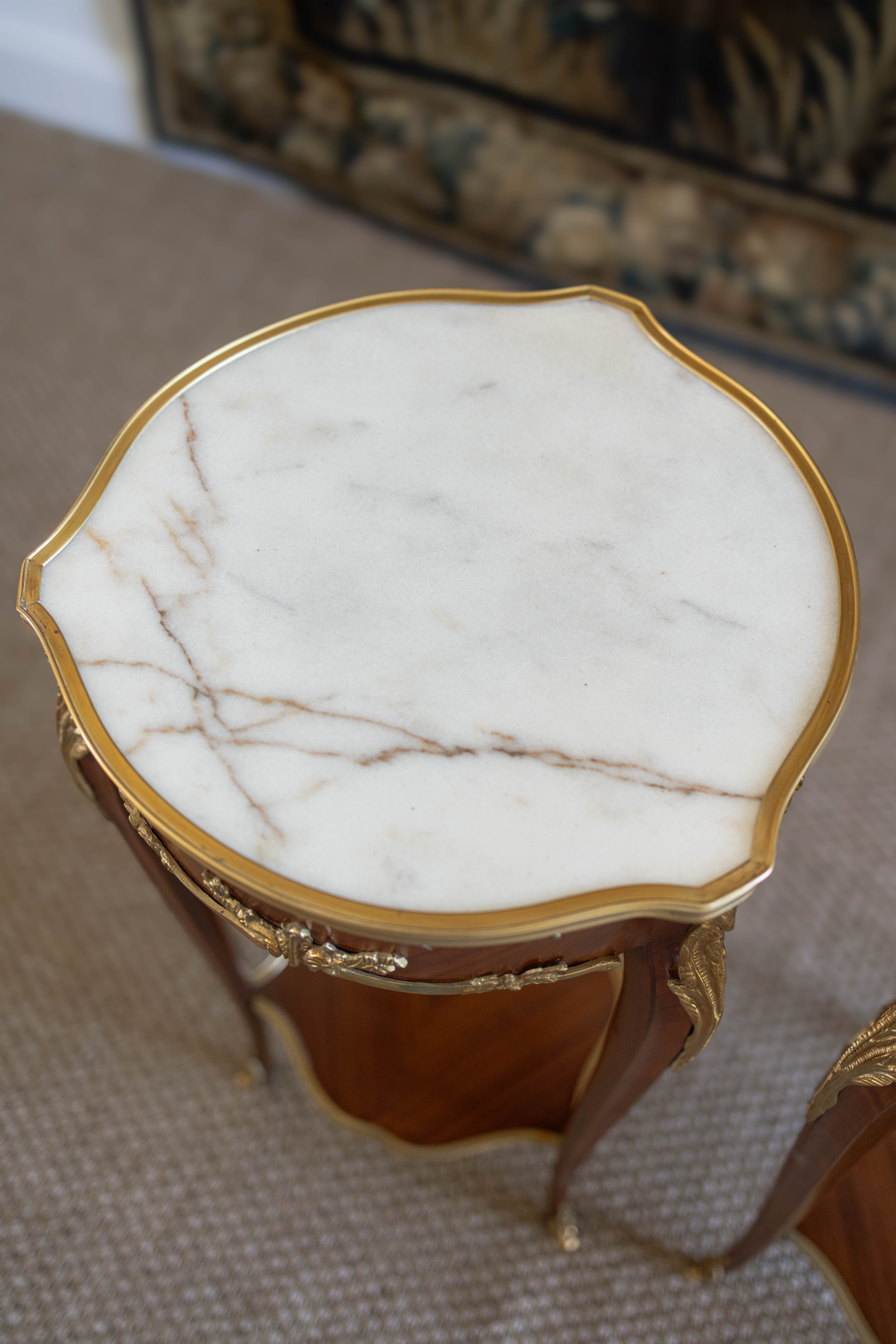 Pair of Louis XV–Style Ormolu-Mounted Marble-Top Pedestal Tables
