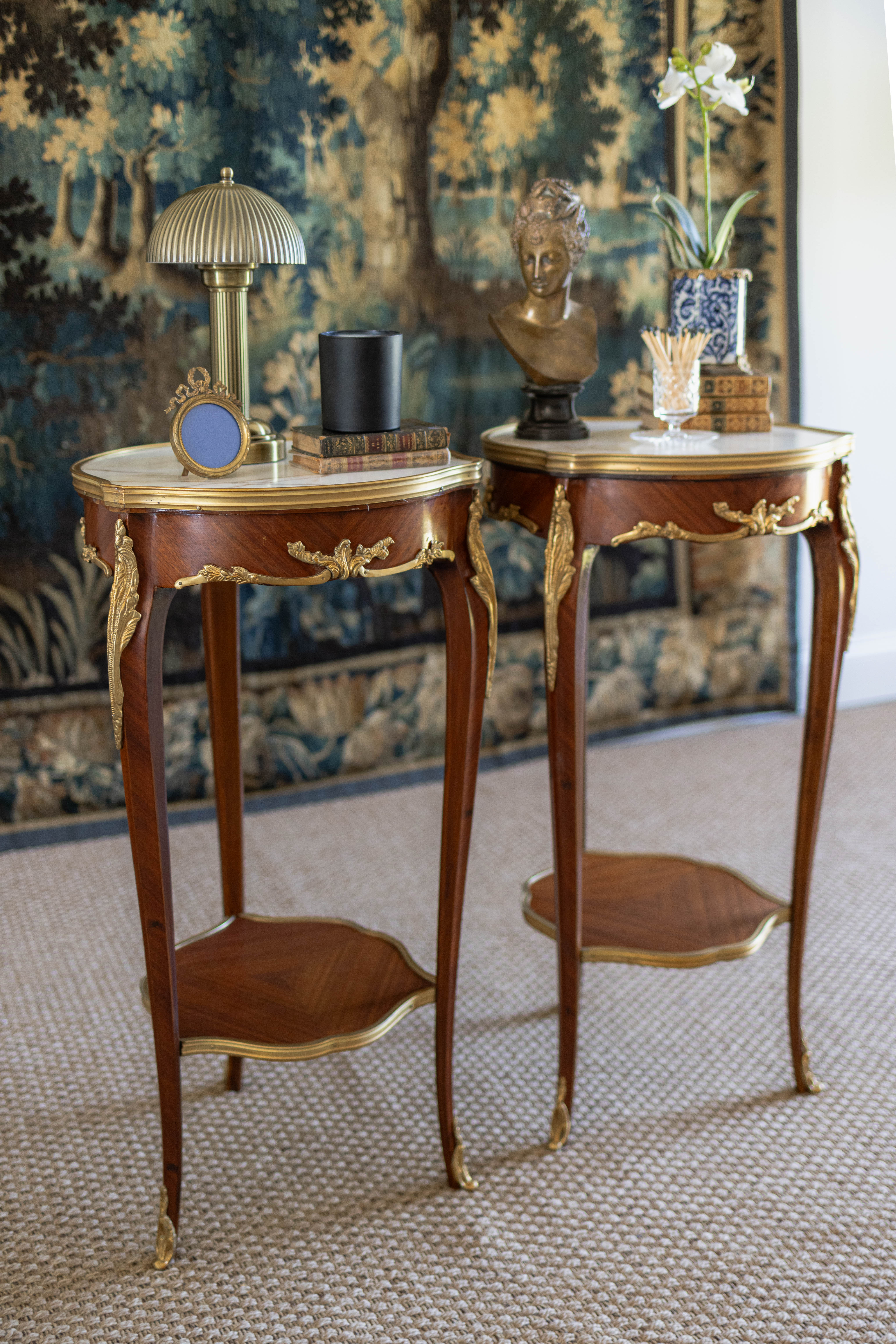 Pair of Louis XV–Style Ormolu-Mounted Marble-Top Pedestal Tables