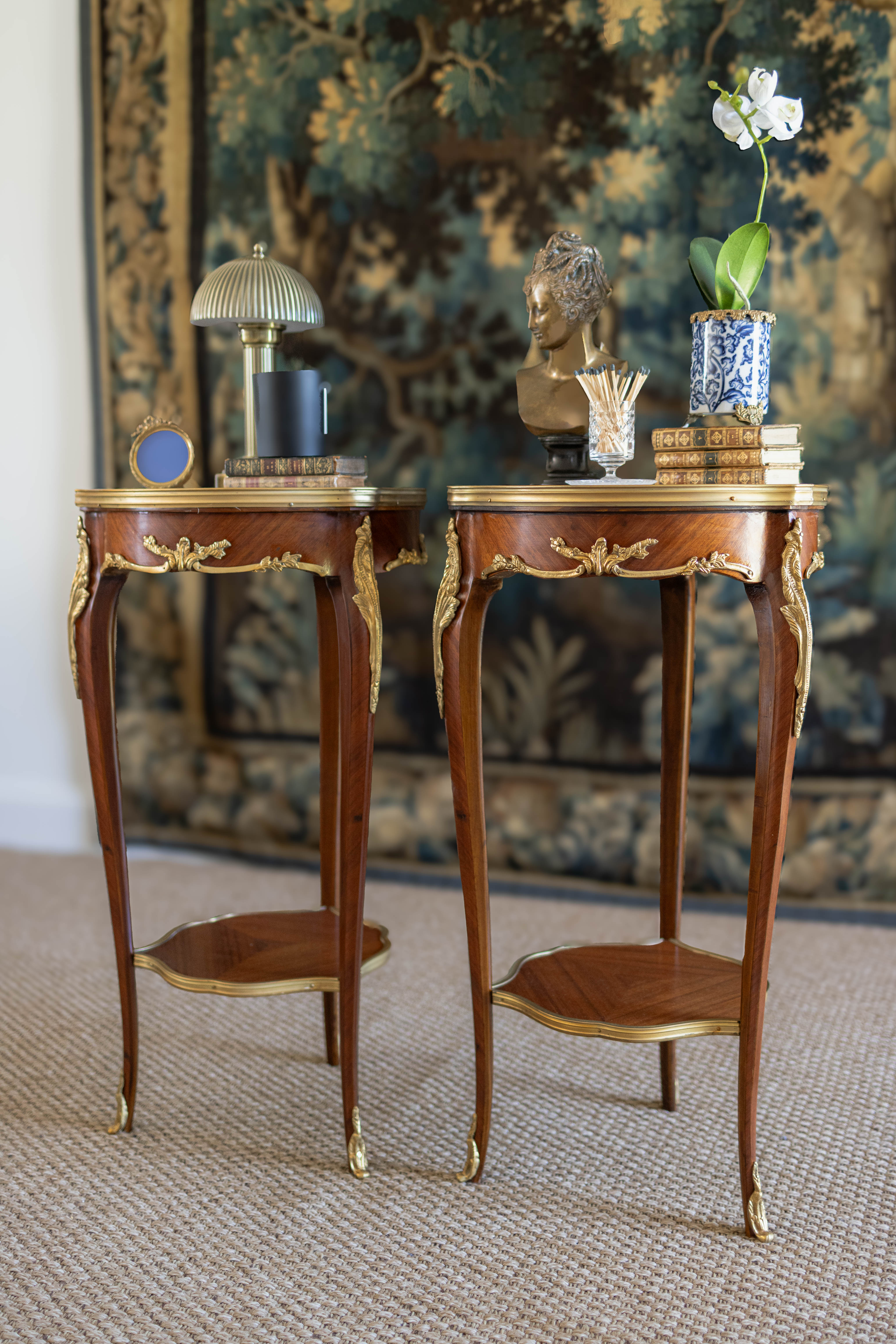 Pair of Louis XV–Style Ormolu-Mounted Marble-Top Pedestal Tables