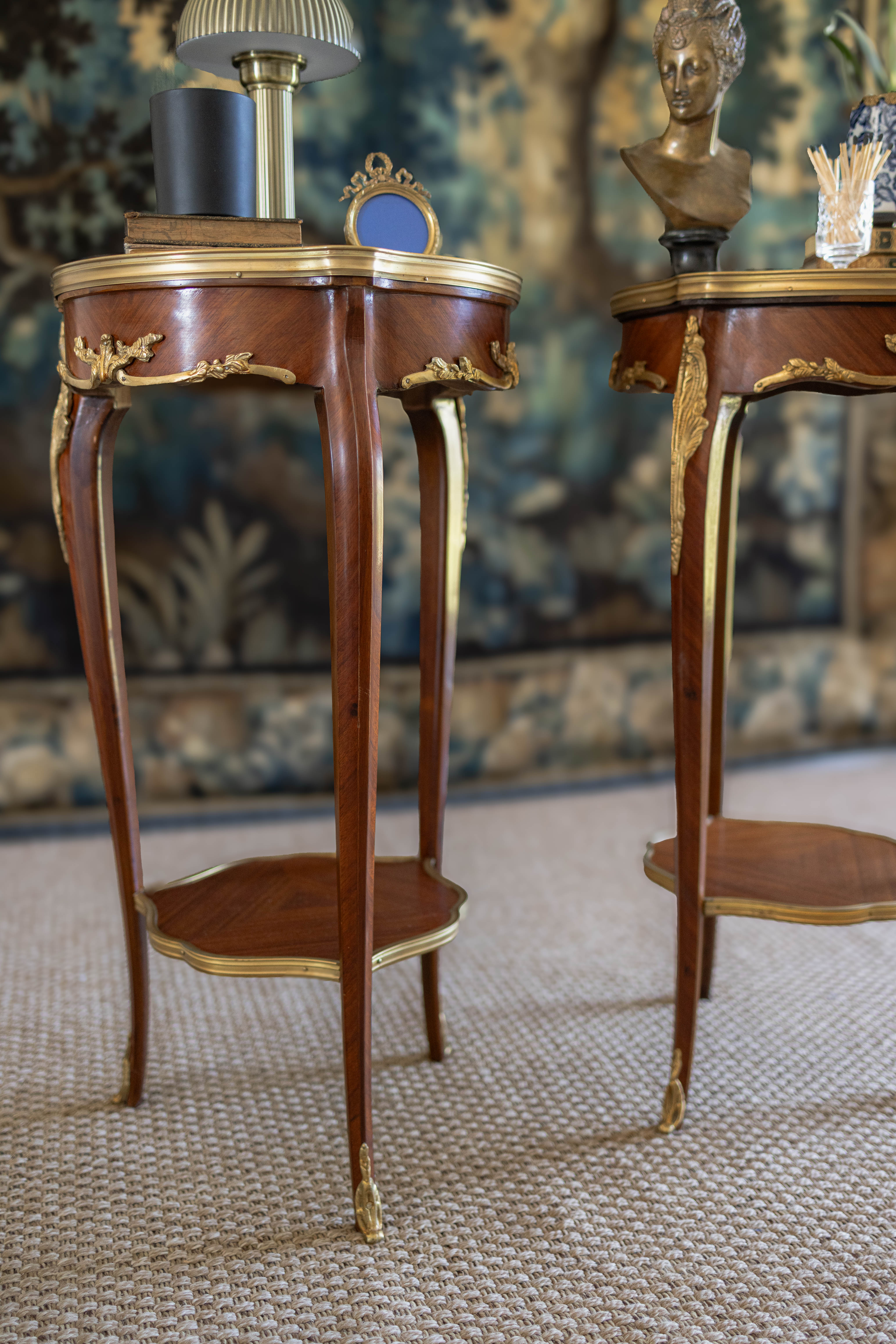 Pair of Louis XV–Style Ormolu-Mounted Marble-Top Pedestal Tables