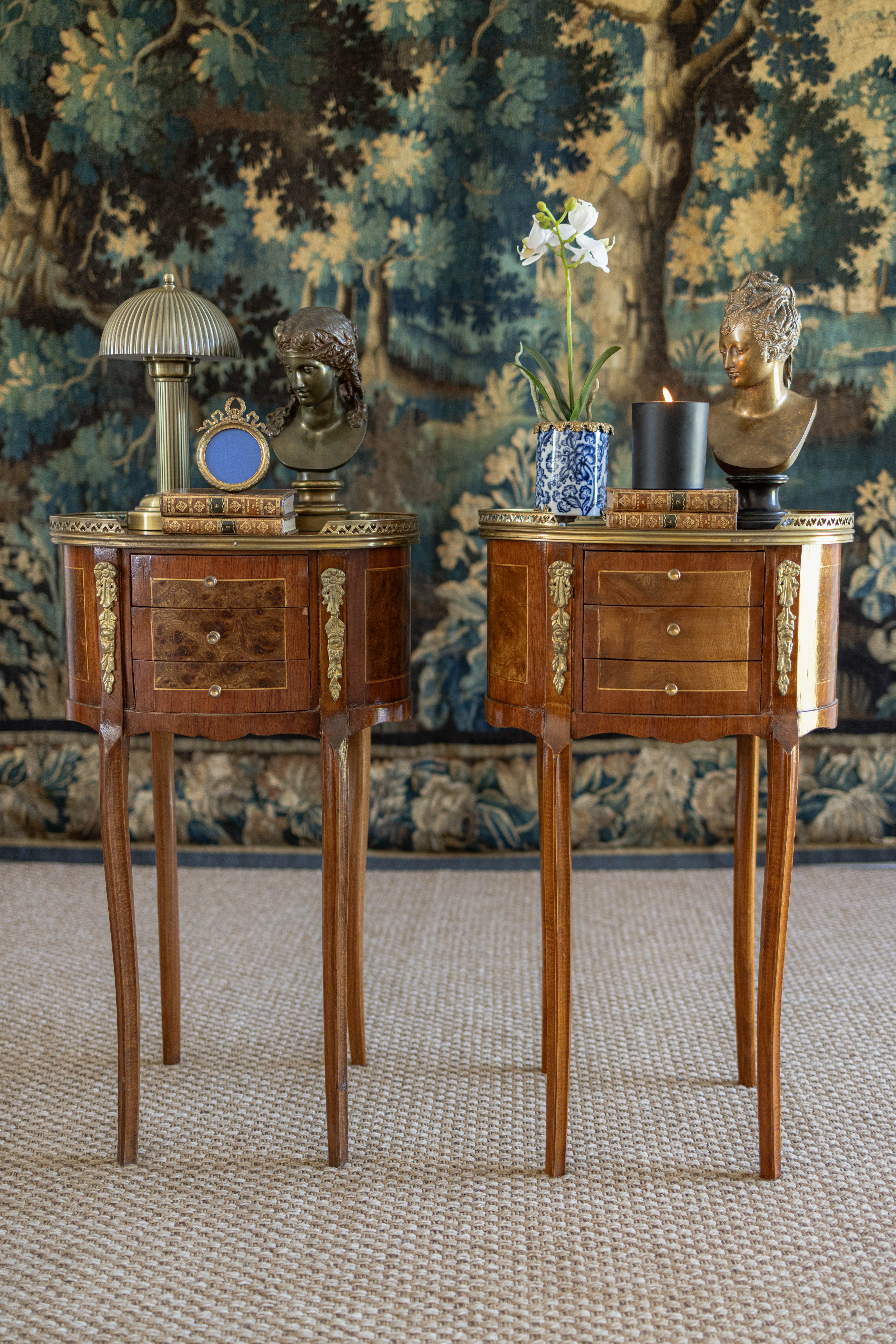 Pair of Louis XVI-Style French Marquetry Nightstands with Ormolu Mounts