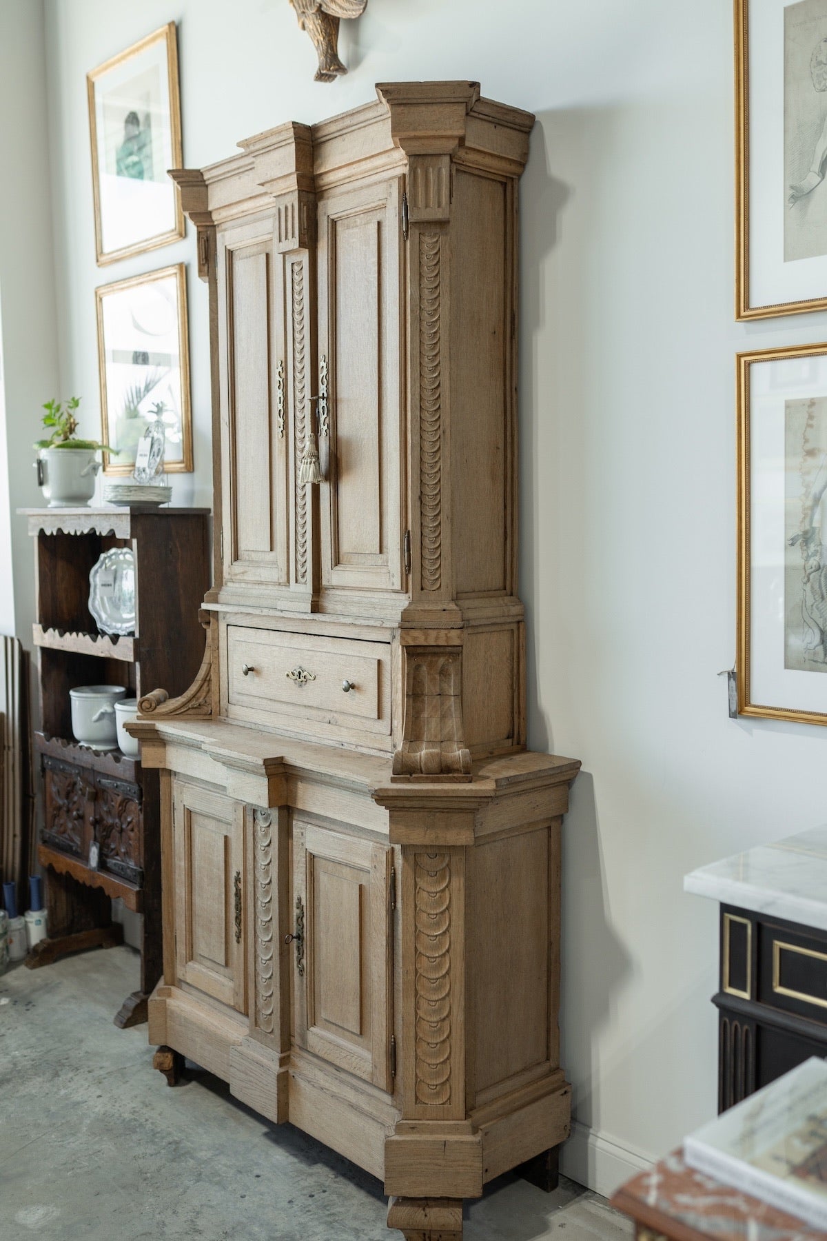 19th C. French Henri II Style Buffet Deux Corps in Bleached Oak