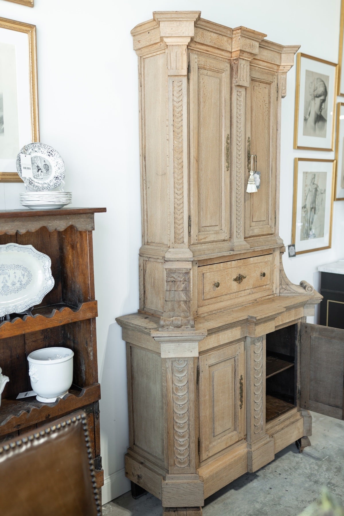 19th C. French Henri II Style Buffet Deux Corps in Bleached Oak
