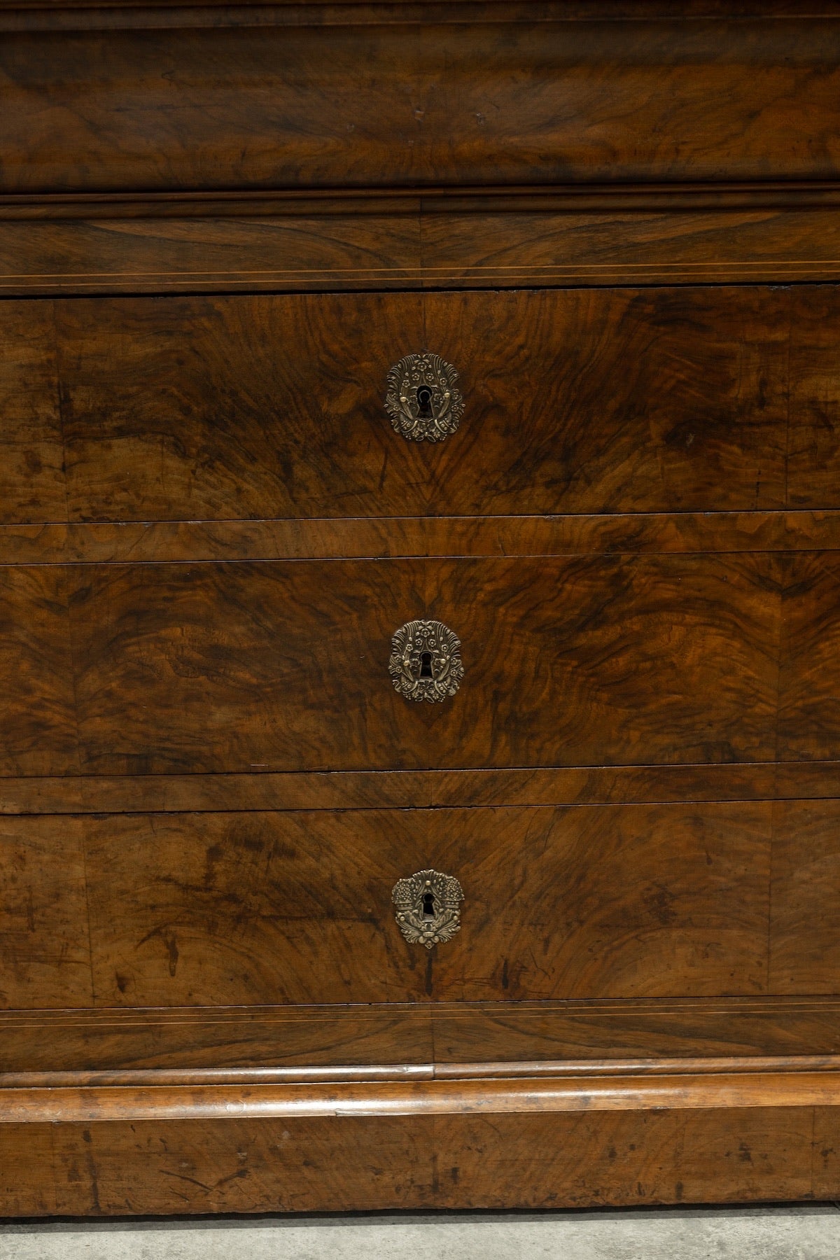 19th C. French Louis Phillipe Style Walnut Chest with Burl Veneer Drawer Fronts